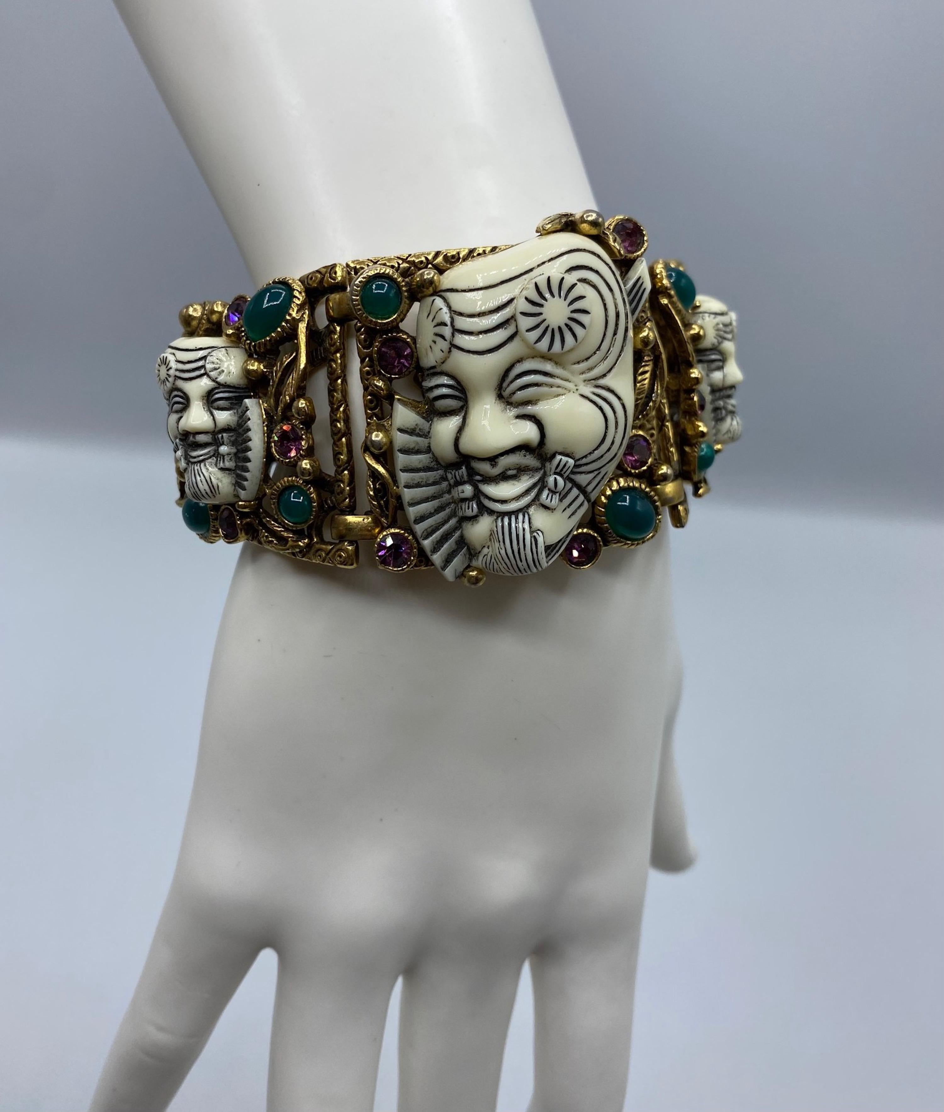 Vintage Selro Gold Noh Devil Face Gold Tone & Glass Stone Wide Bracelet For Sale 8