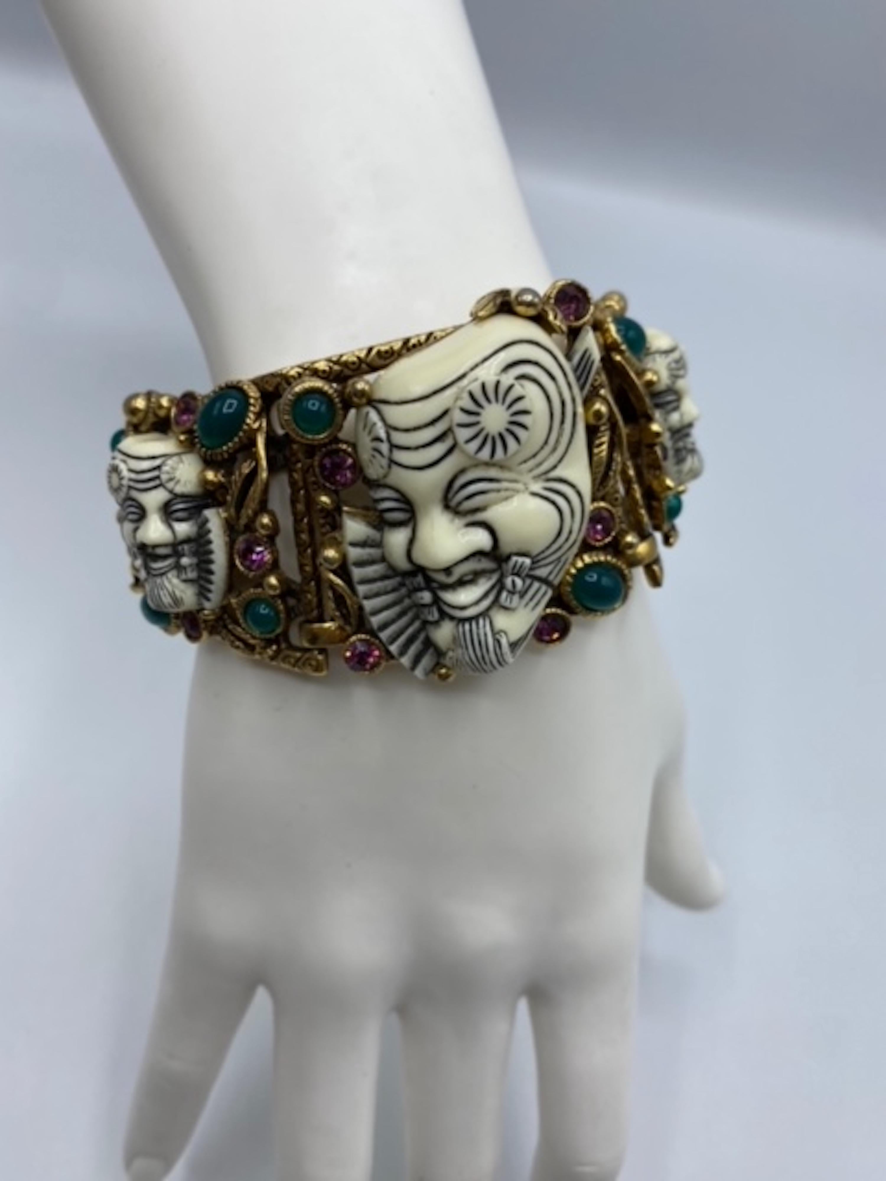 Vintage Selro Gold Noh Devil Face Gold Tone & Glass Stone Wide Bracelet For Sale 9