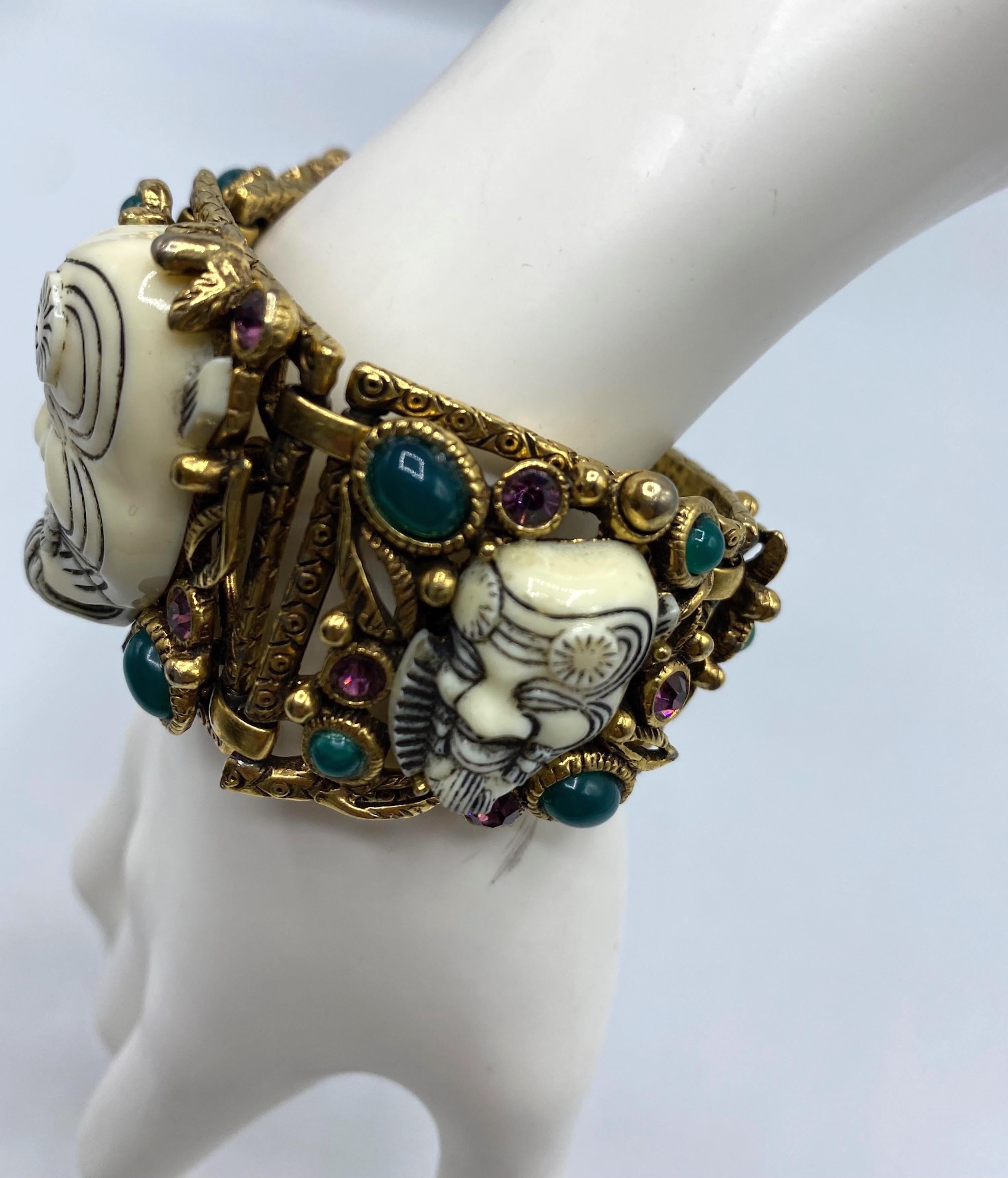 Vintage Selro Gold Noh Devil Face Gold Tone & Glass Stone Wide Bracelet For Sale 10