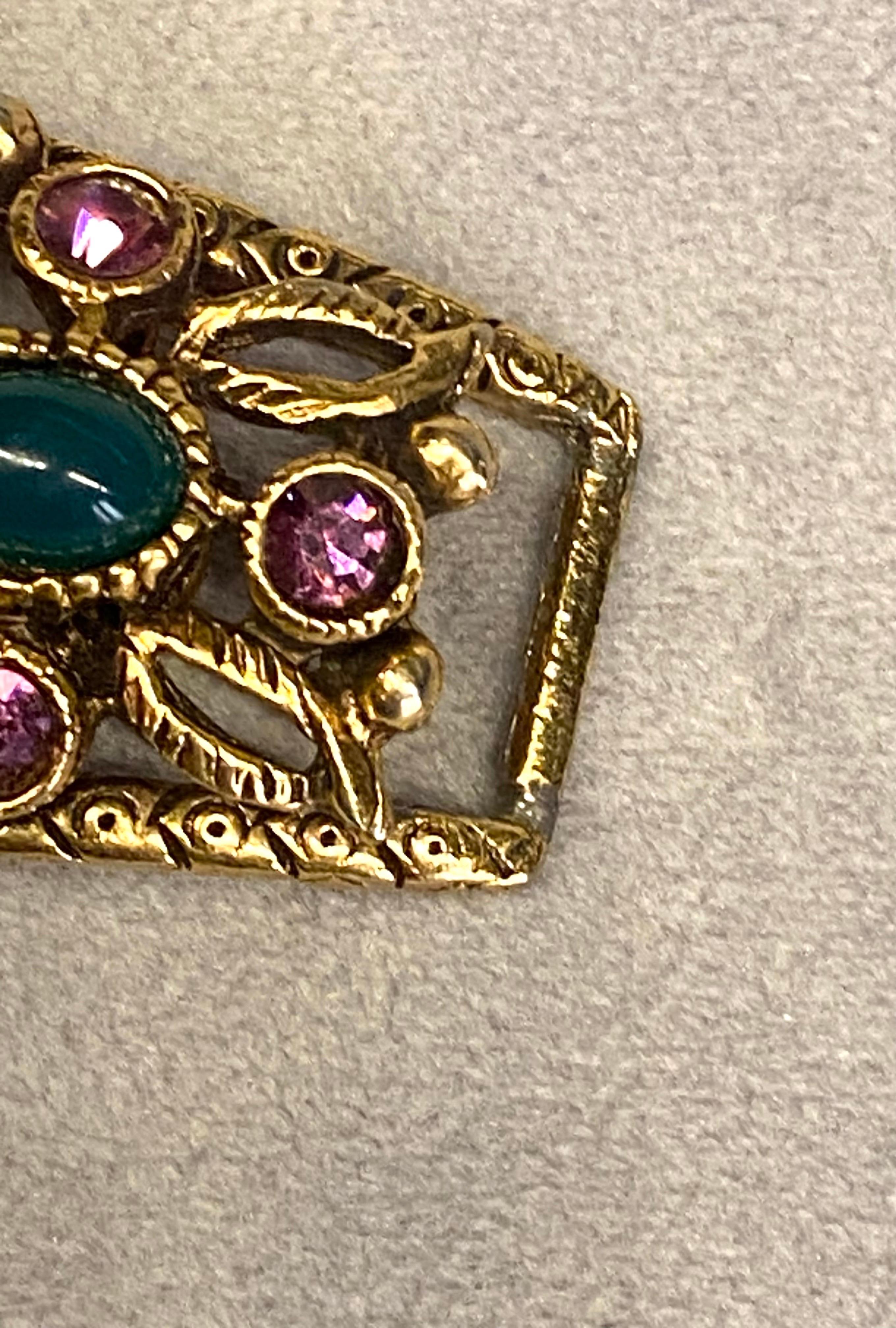 Vintage Selro Gold Noh Devil Face Gold Tone & Glass Stone Wide Bracelet For Sale 11