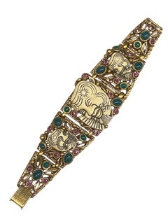 Vintage Selro Gold Noh Devil Face Gold Tone & Glass Stone Wide Bracelet