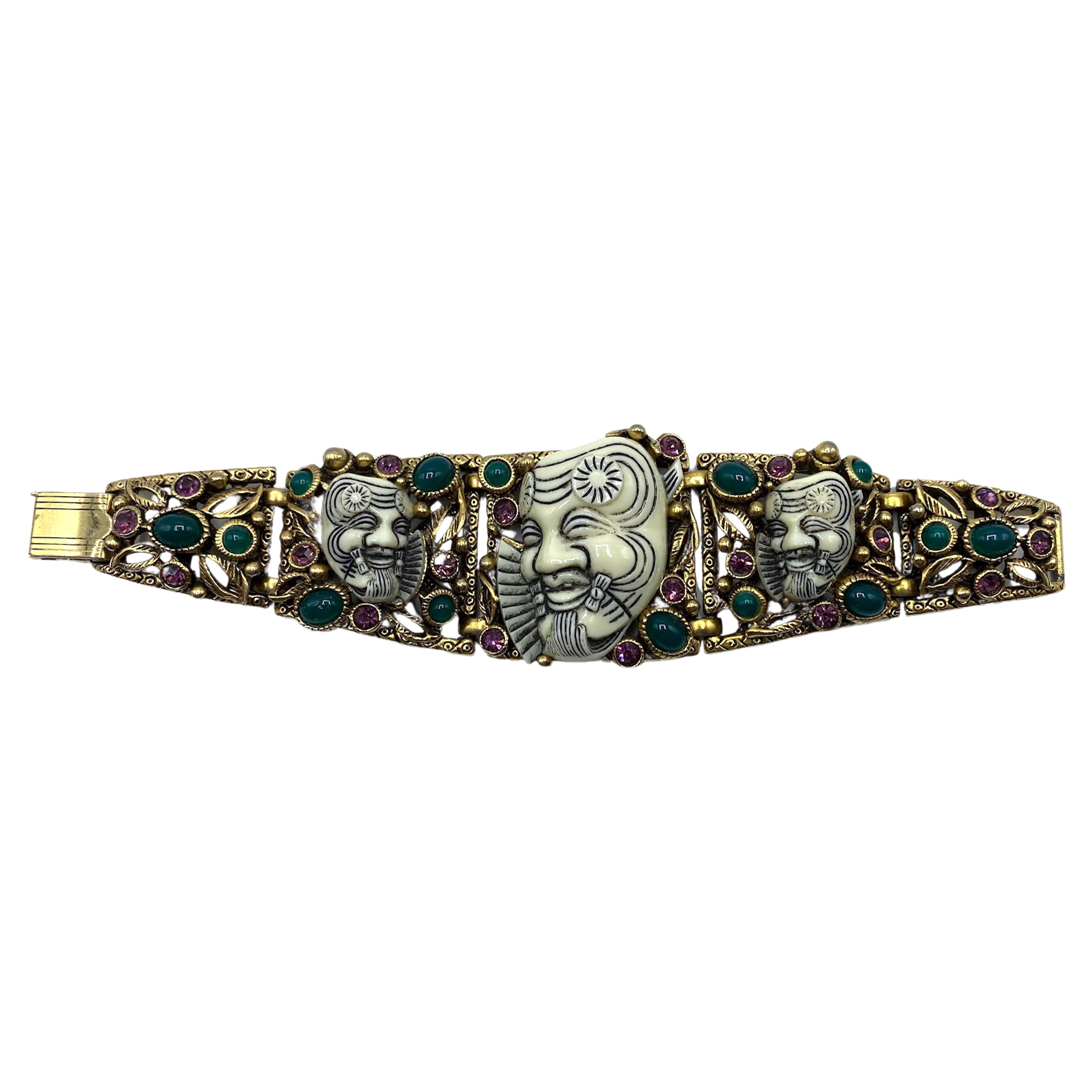 Vintage Selro Gold Noh Devil Face Gold Tone & Glass Stone Wide Bracelet In Excellent Condition For Sale In New York, NY
