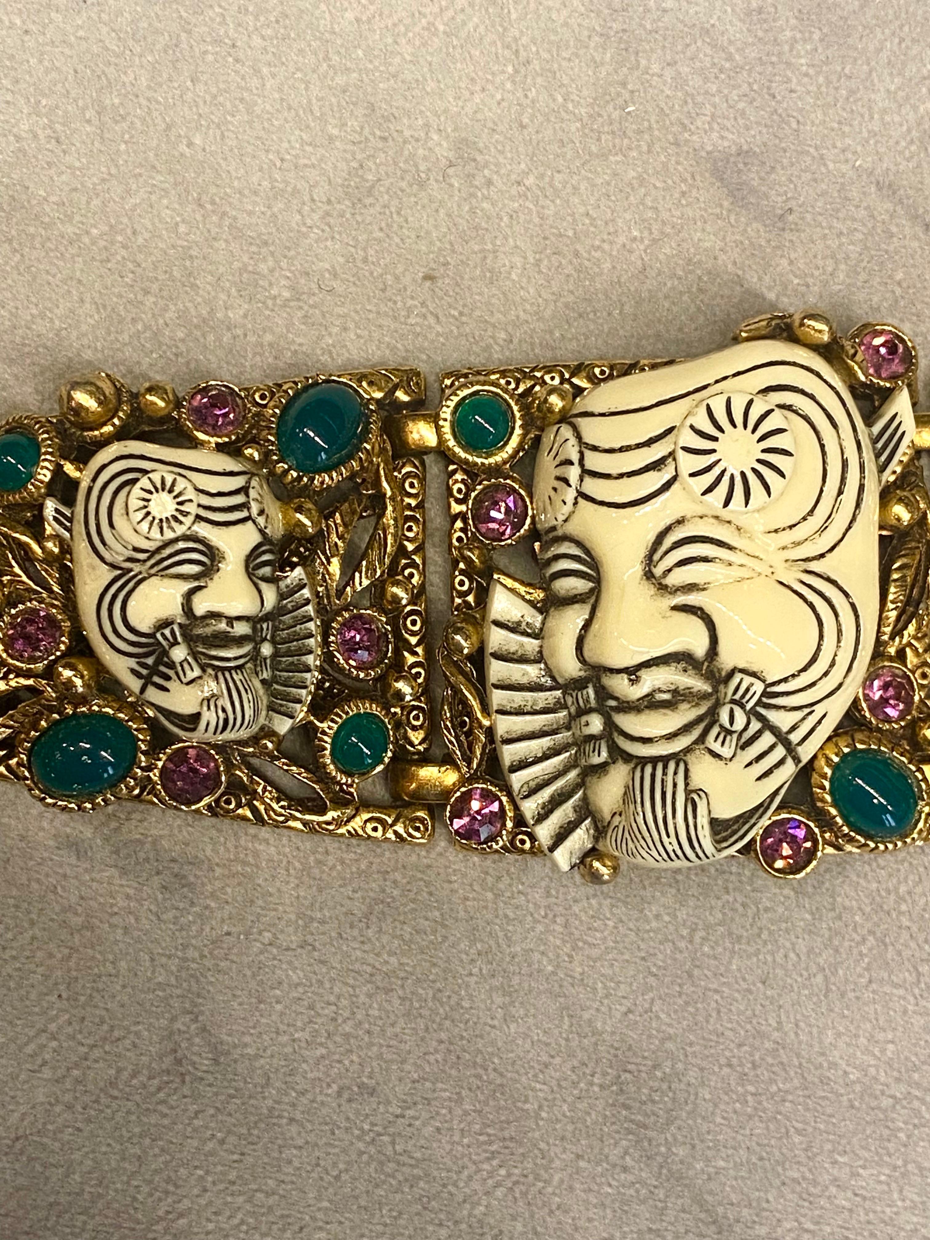 Women's Vintage Selro Gold Noh Devil Face Gold Tone & Glass Stone Wide Bracelet For Sale