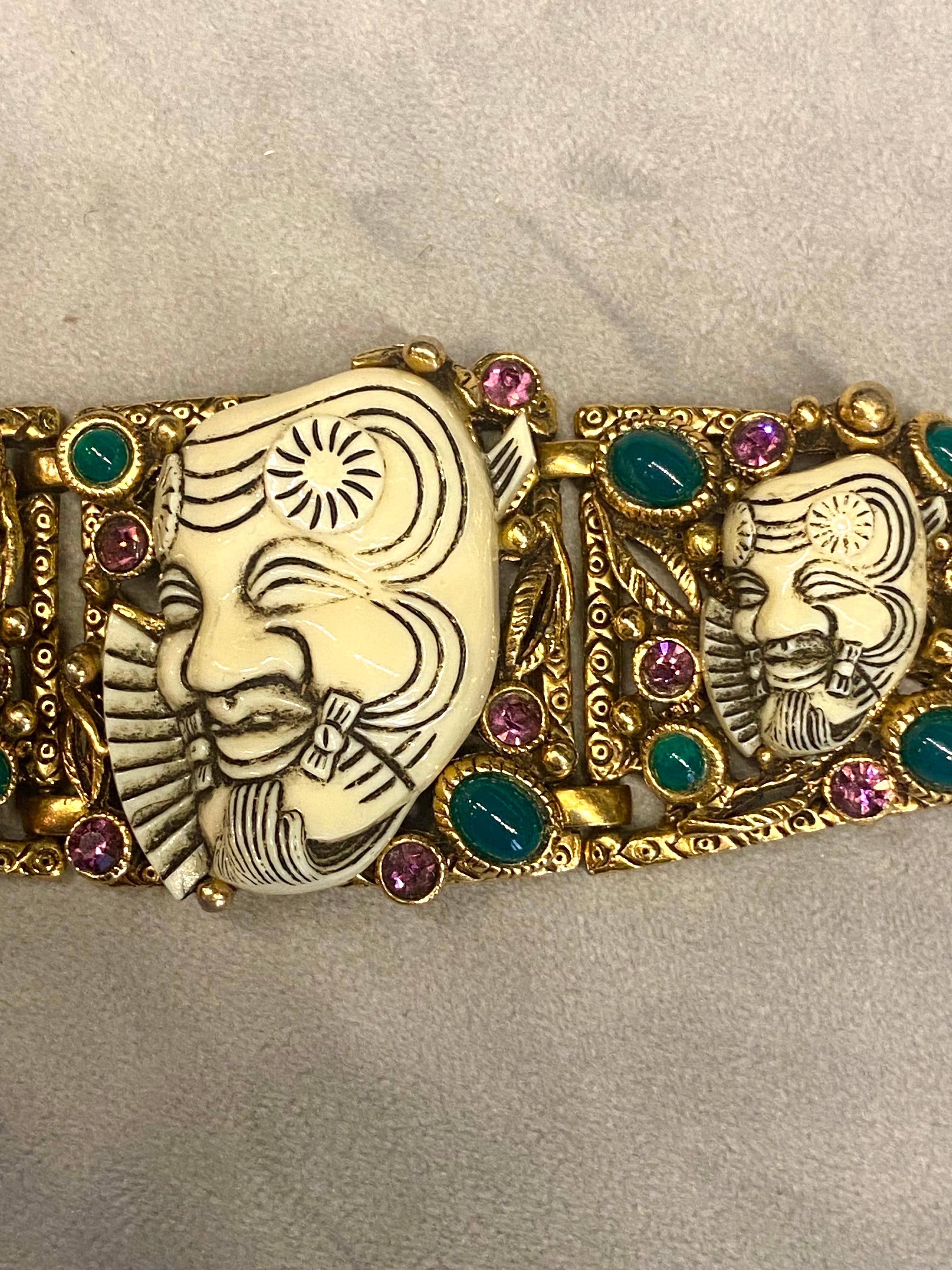 Vintage Selro Gold Noh Devil Face Gold Tone & Glass Stone Wide Bracelet For Sale 1