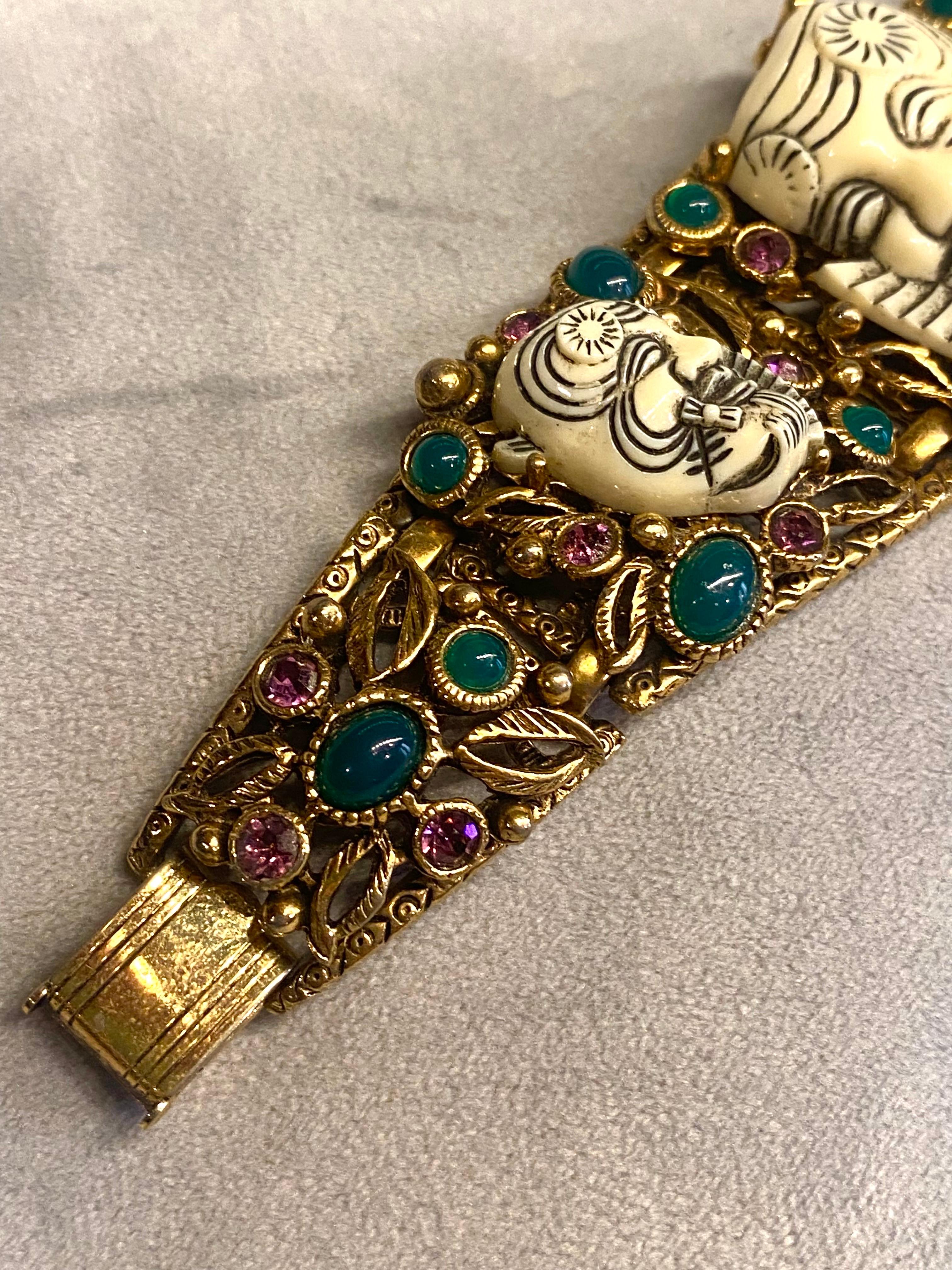 Vintage Selro Gold Noh Devil Face Gold Tone & Glass Stone Wide Bracelet For Sale 2