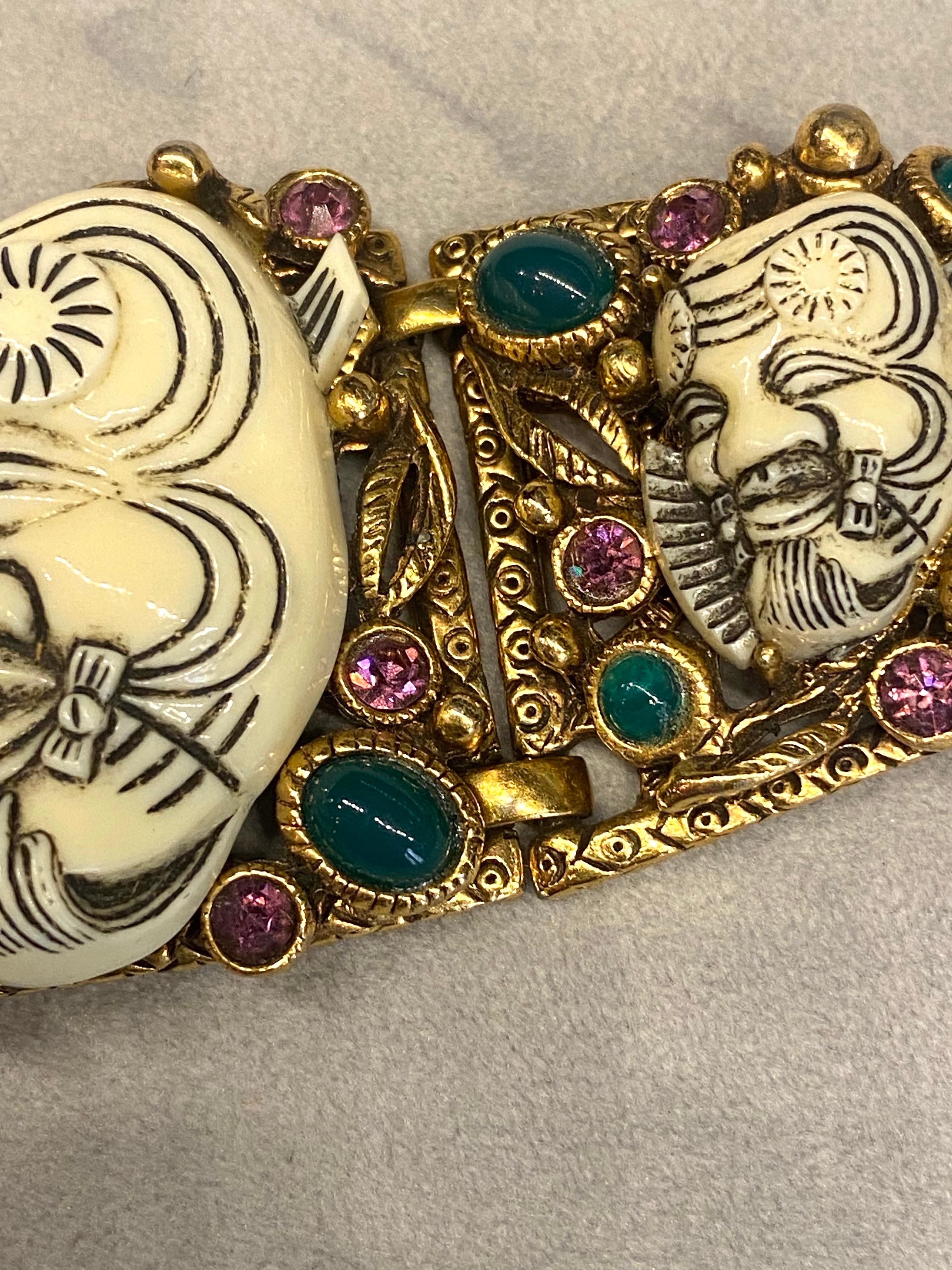 Vintage Selro Gold Noh Devil Face Gold Tone & Glass Stone Wide Bracelet For Sale 3