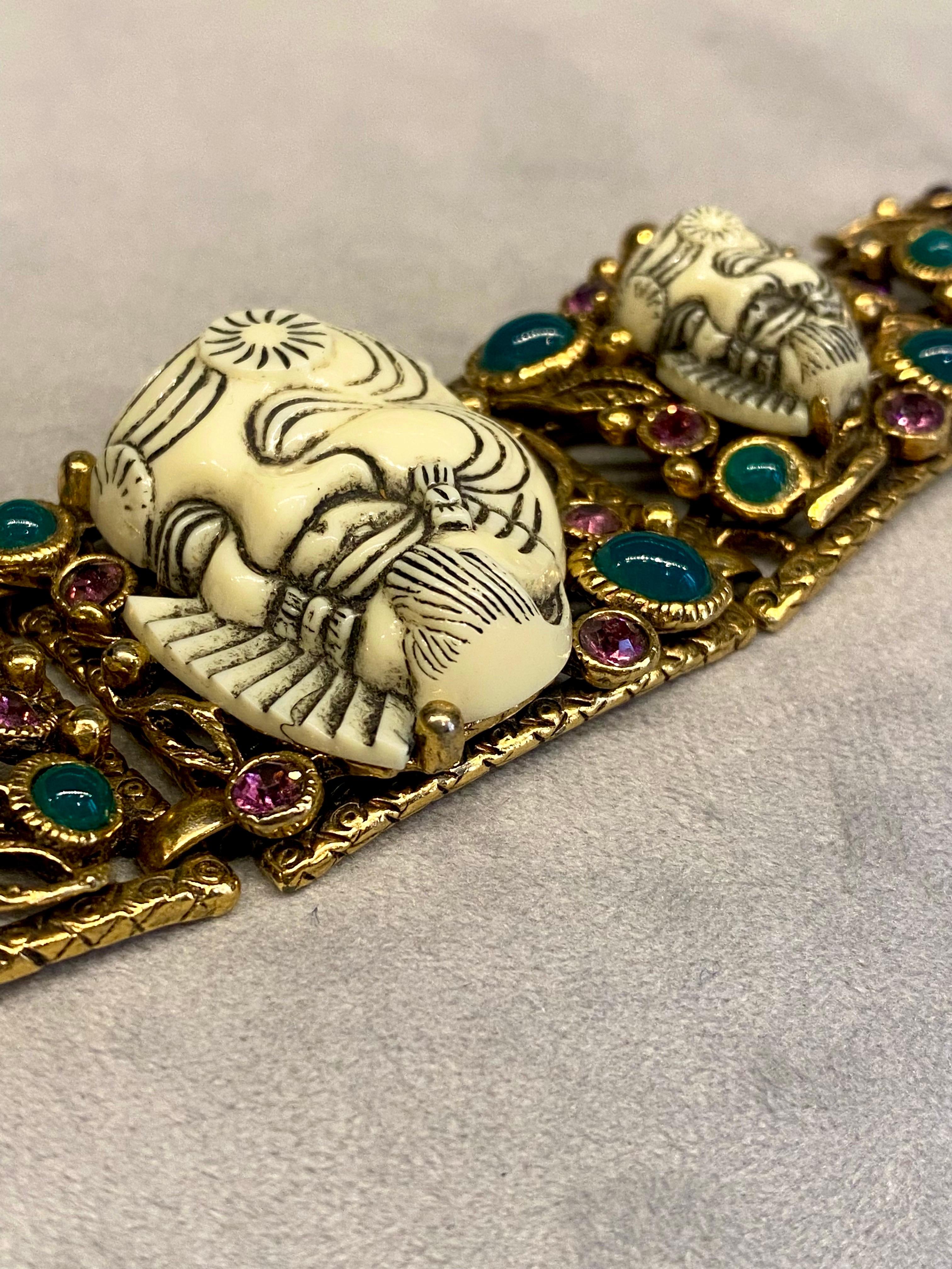 Vintage Selro Gold Noh Devil Face Gold Tone & Glass Stone Wide Bracelet For Sale 4
