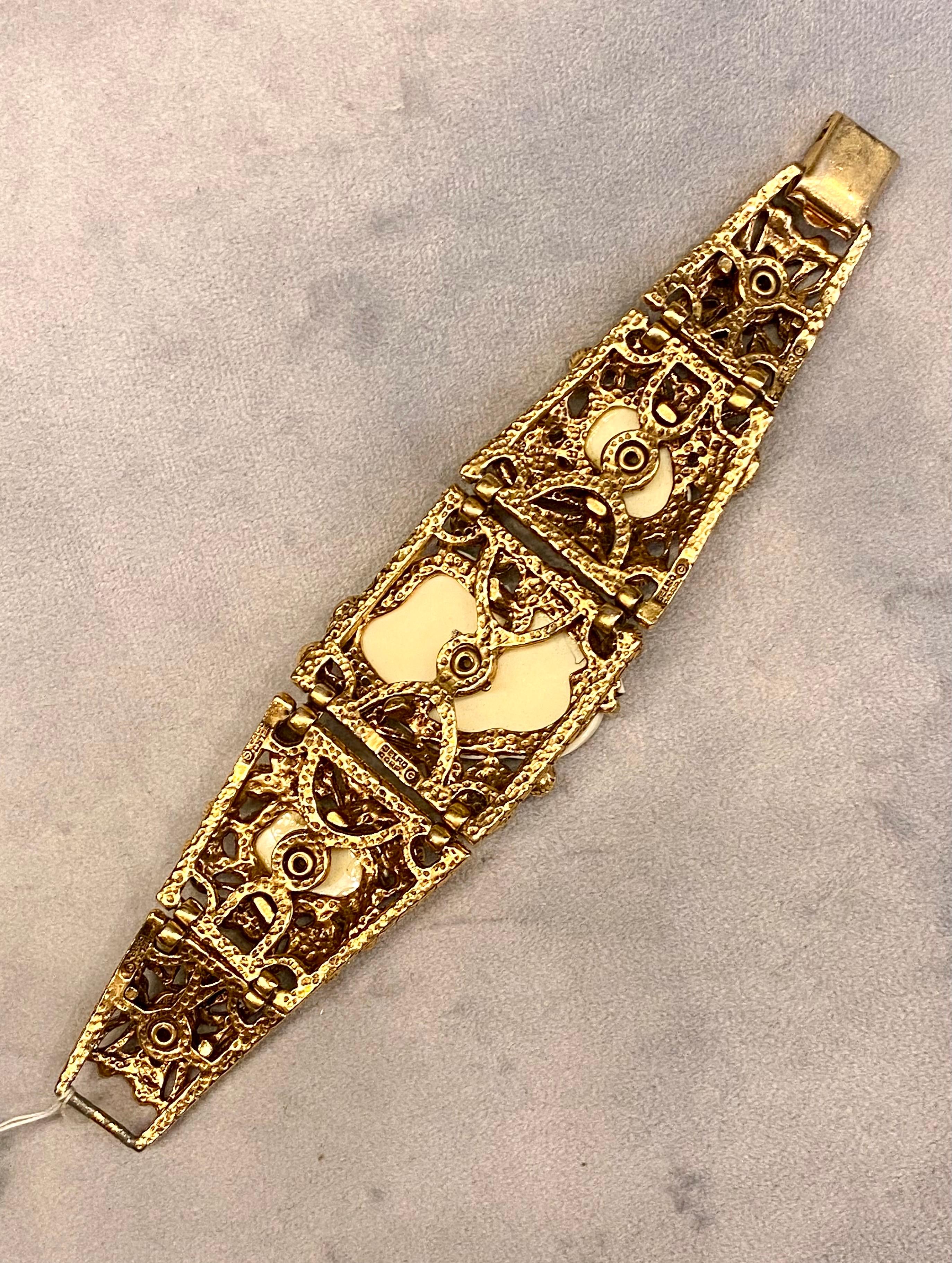 Vintage Selro Gold Noh Devil Face Gold Tone & Glass Stone Wide Bracelet For Sale 5