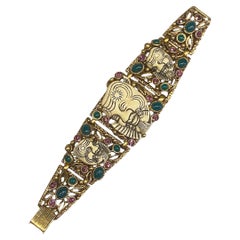Vintage Selro Gold Noh Devil Face Gold Tone & Glass Stone Wide Bracelet