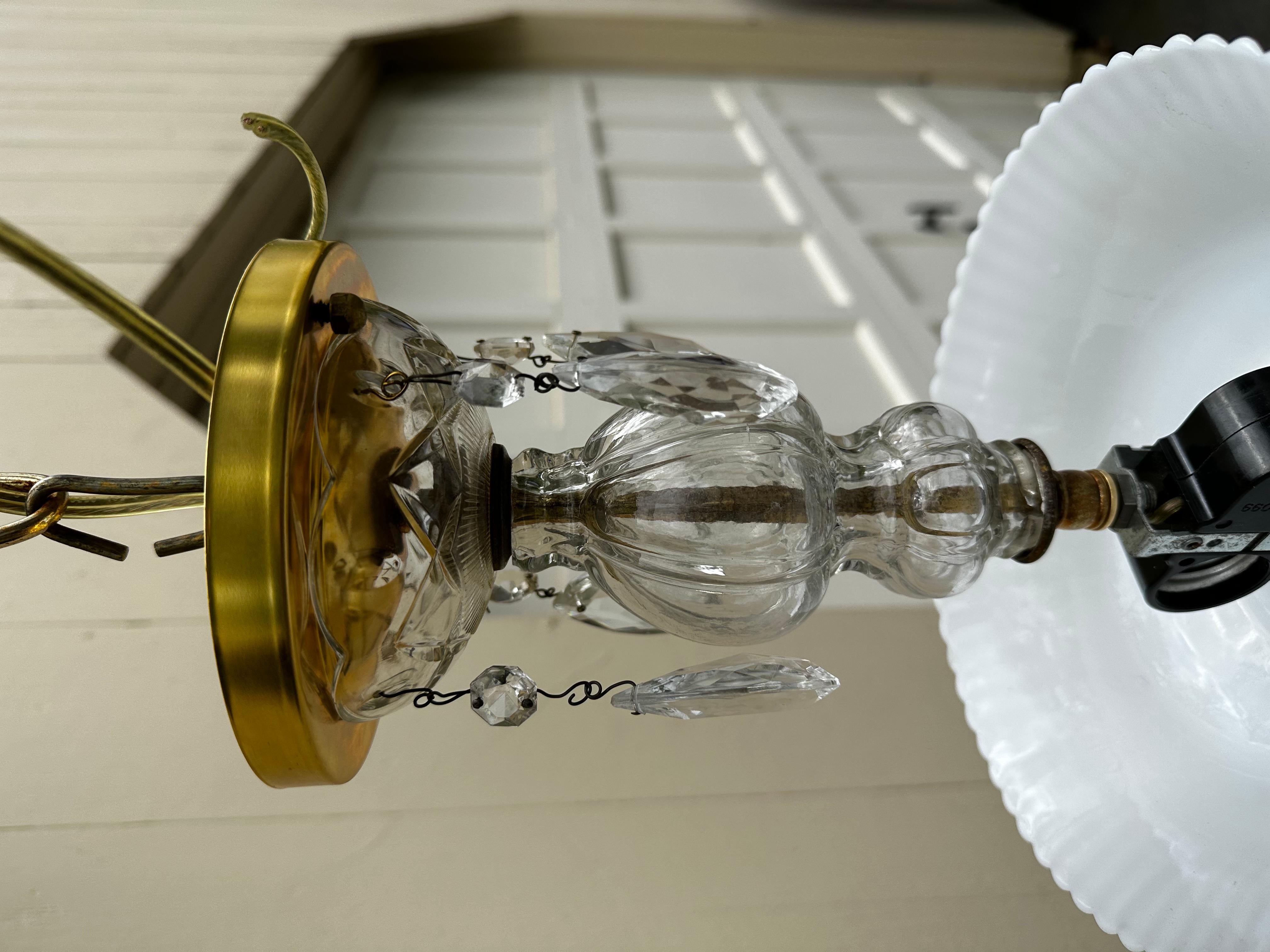 American Vintage Semi Flush Brass and Crystal Hanging Fixture For Sale