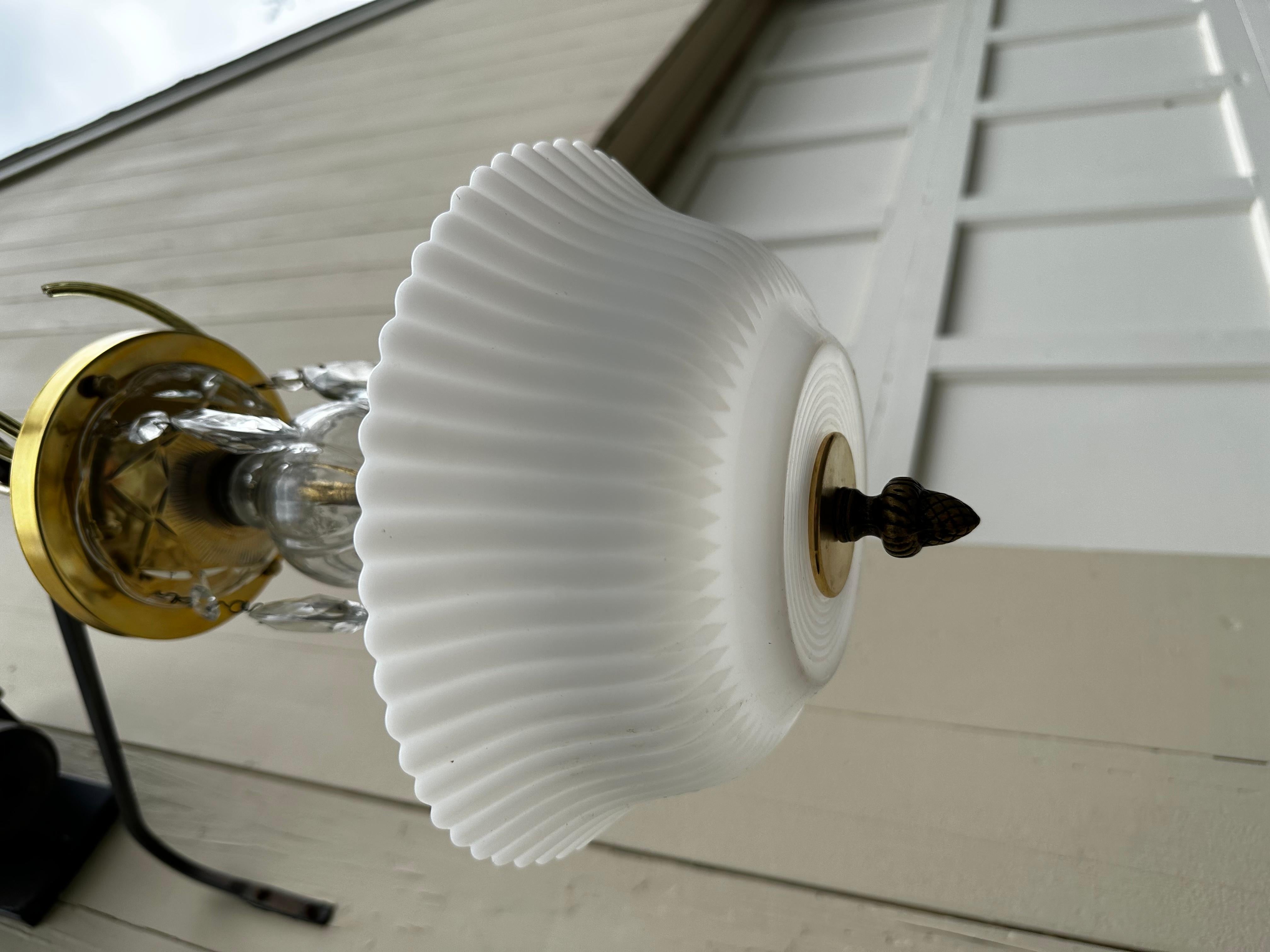 Vintage Semi Flush Brass and Crystal Hanging Fixture In Good Condition For Sale In Farmington, CT