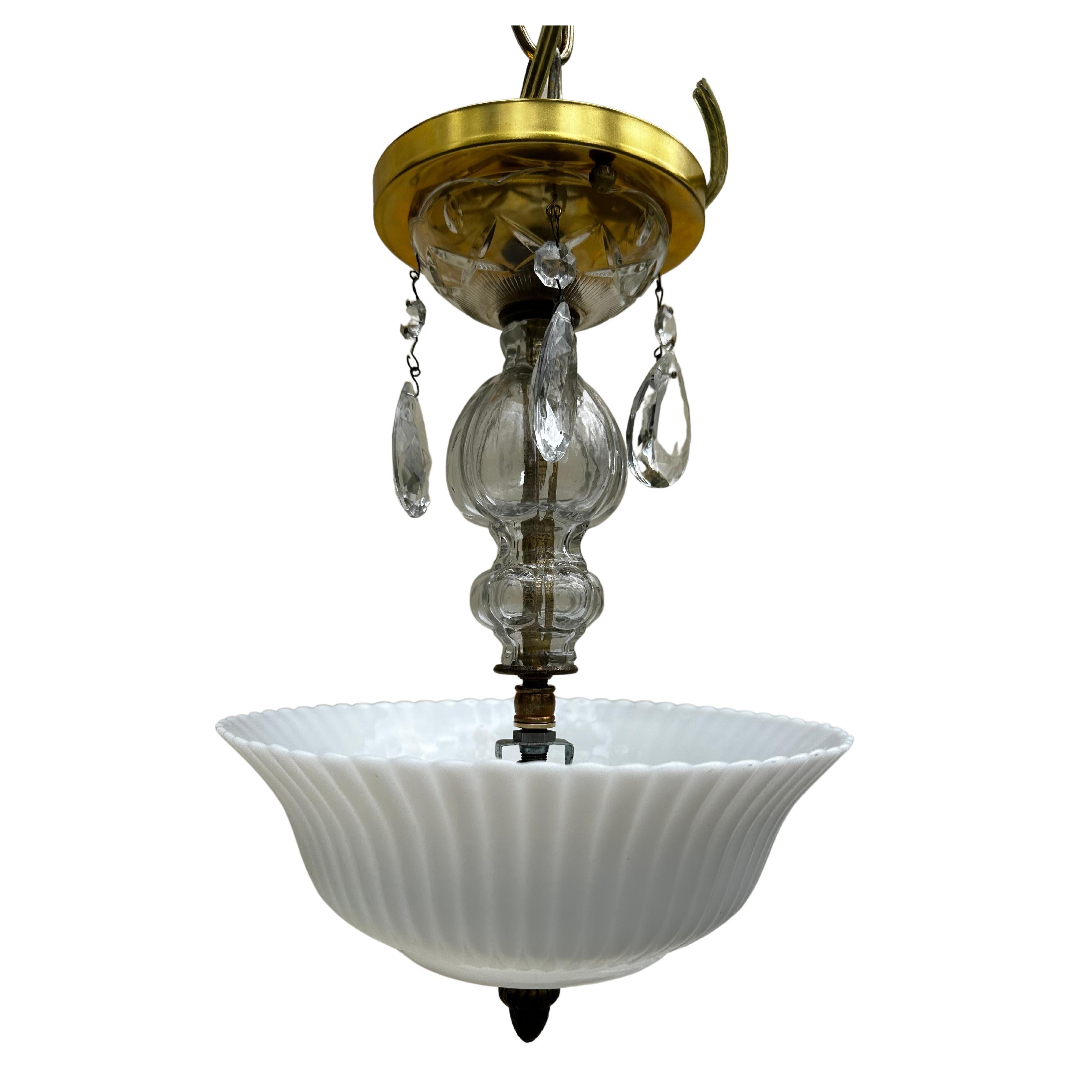 Vintage Semi Flush Brass and Crystal Hanging Fixture For Sale
