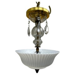Vintage Semi Flush Brass and Crystal Hanging Fixture