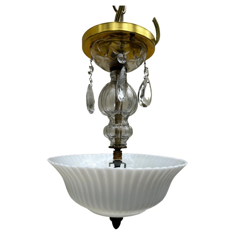 Vintage Semi Flush Brass and Crystal Hanging Fixture For Sale at 1stDibs