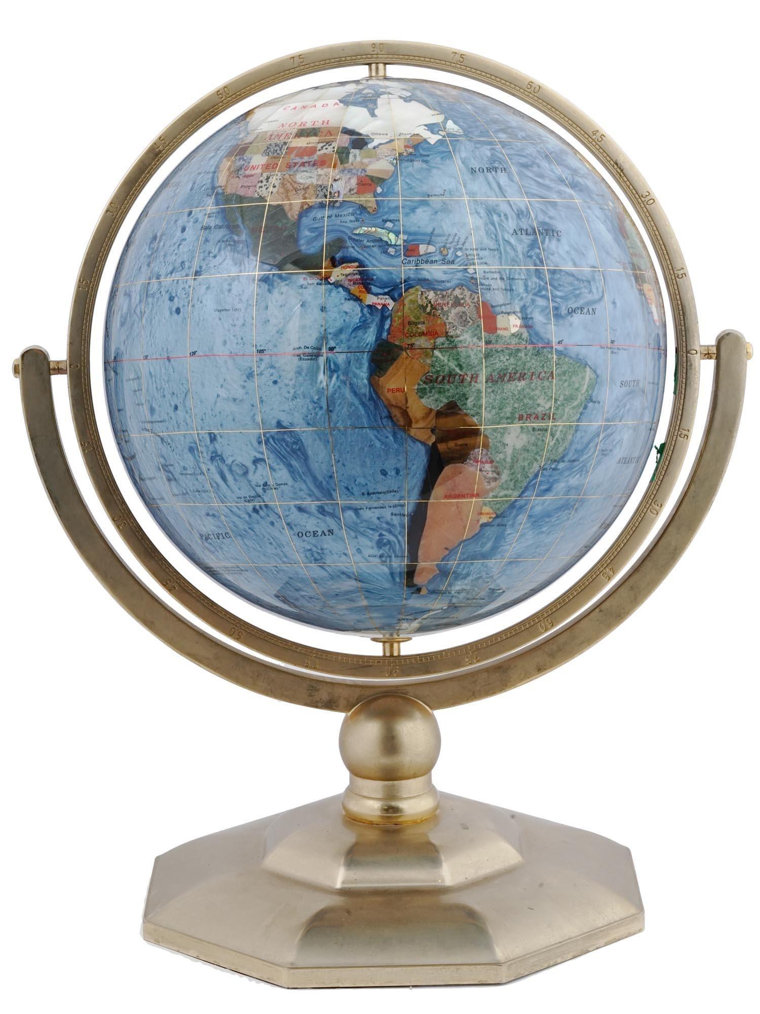 Vintage Semi-Precious Stone Inlaid Glass Globe on Stand In Good Condition For Sale In New York, NY