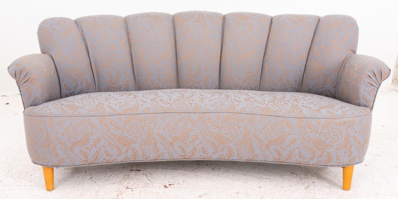 Vintage semicircular upholstered cocktail sofa with channeled 