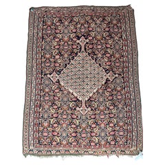Vintage Seneh Kilim Rug in Navy, Rose & Ivory Floral Diamond Motif 5'11" X 4'5"