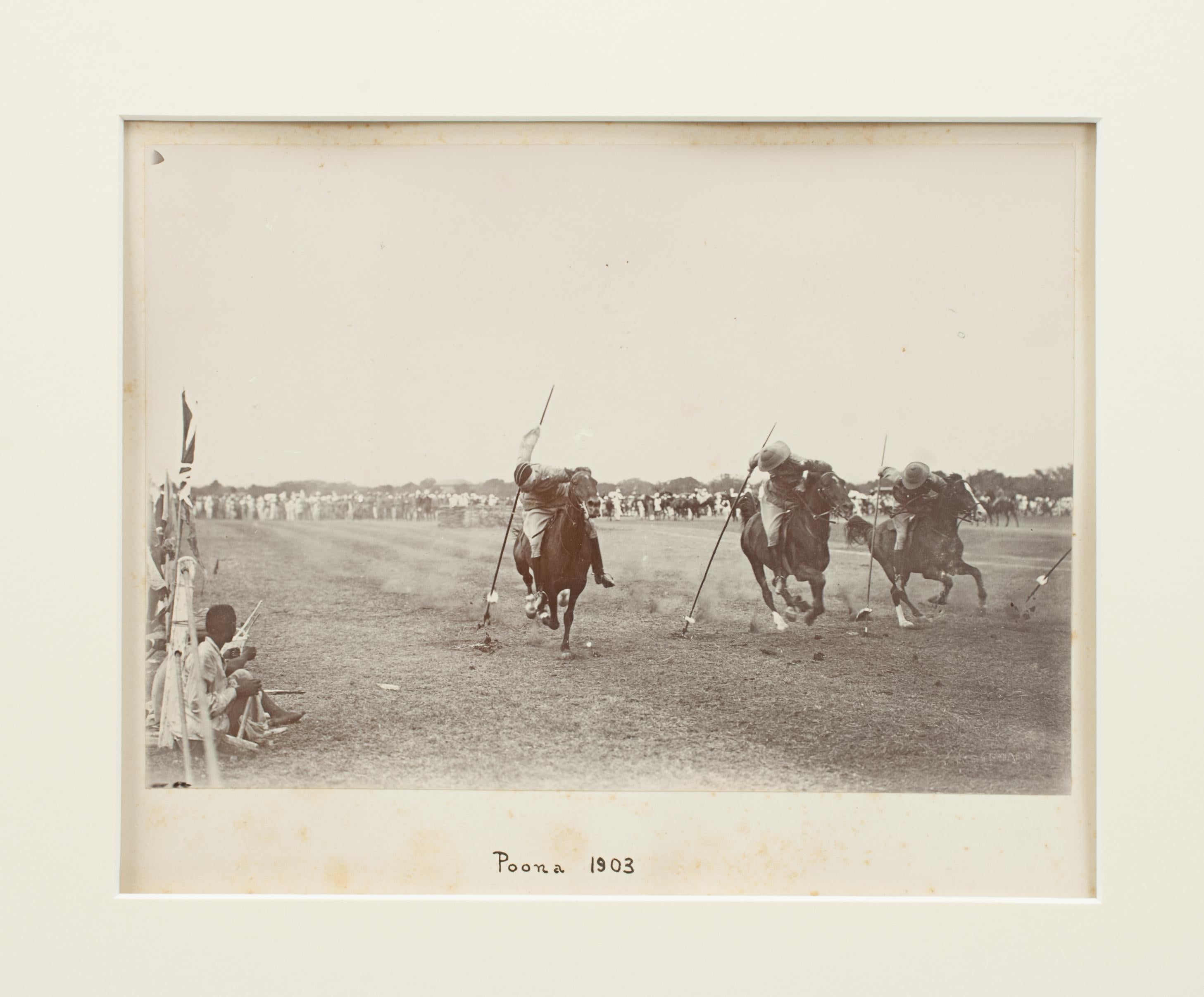 Colonial Tent Pegging Photograph, Poona 1903.
Rare sepia toned late Victorian Colonial photograph showing a group of horsemen 'Tent Pegging' with the caption 'Poona 1903'. The photo has been embossed 'Photographed by F.B. Stewart'. Stewart came