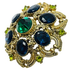 Vintage SEQUIN signed gold tone sapphire emerald glass designer brooch