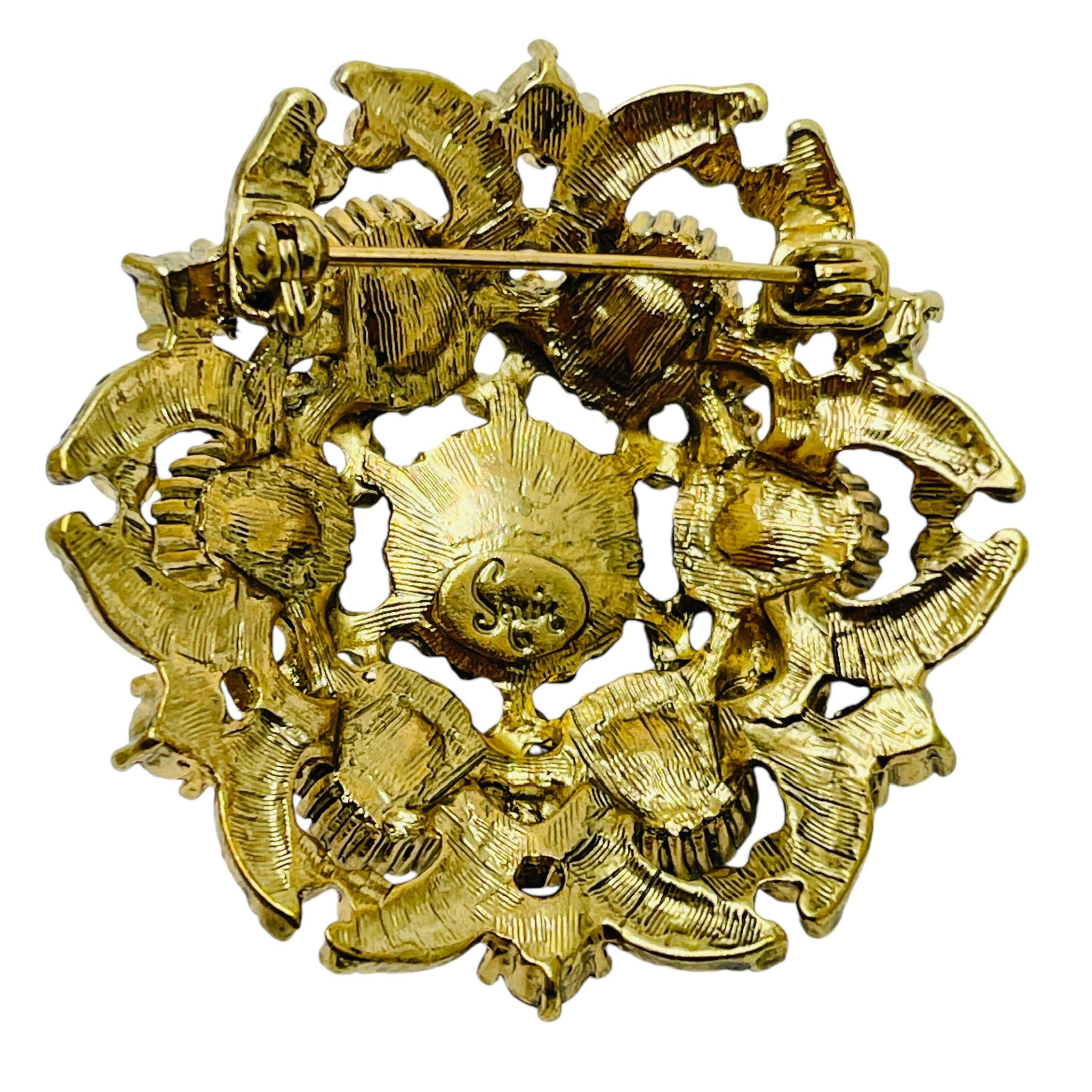 Vintage SEQUIN signed gold tone sapphire emerald glass designer brooch In Good Condition For Sale In Palos Hills, IL