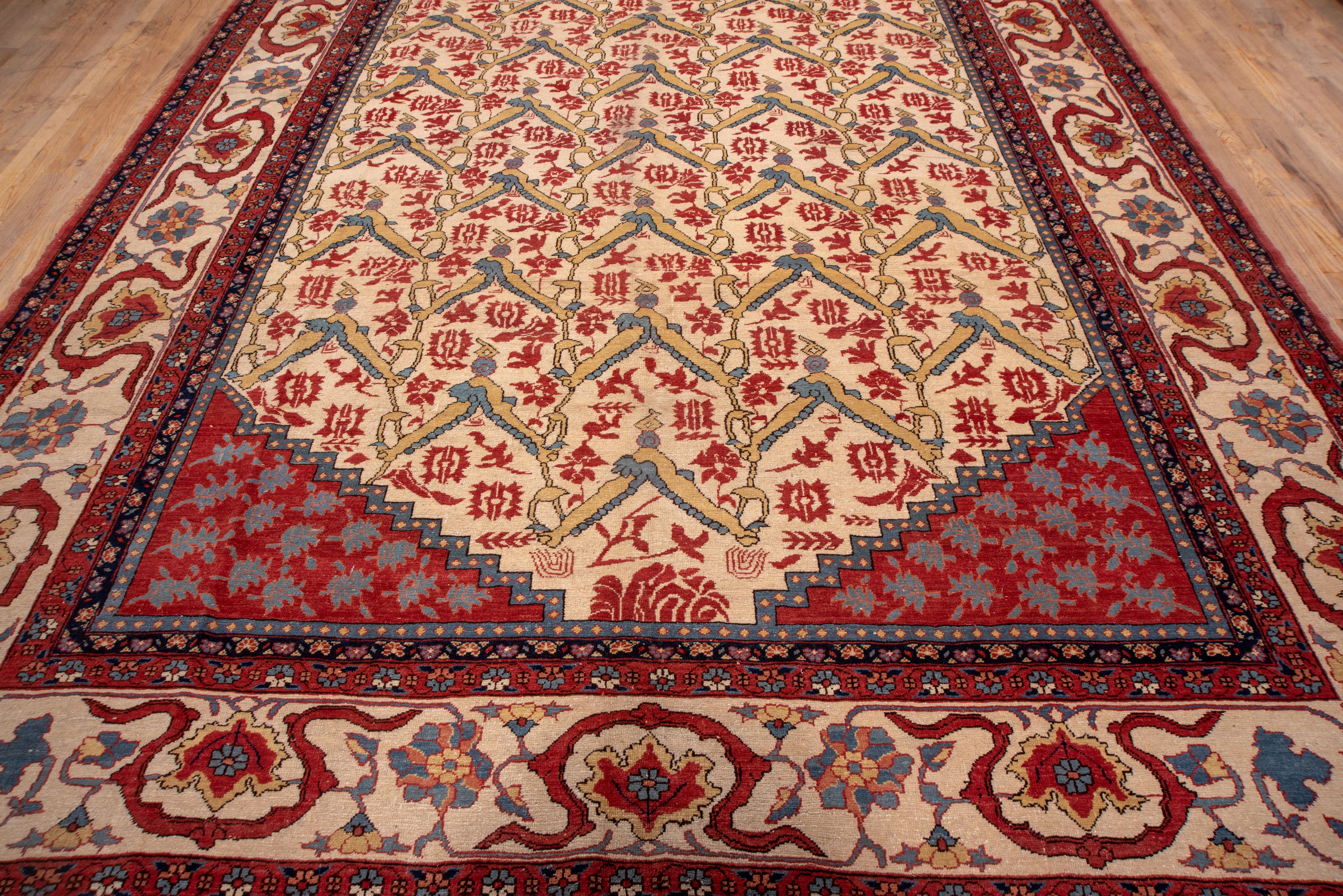 Alfombra Serapi Vintage Motivo Persa Pájaro Enrejado sobre Campo Marfil en venta 2