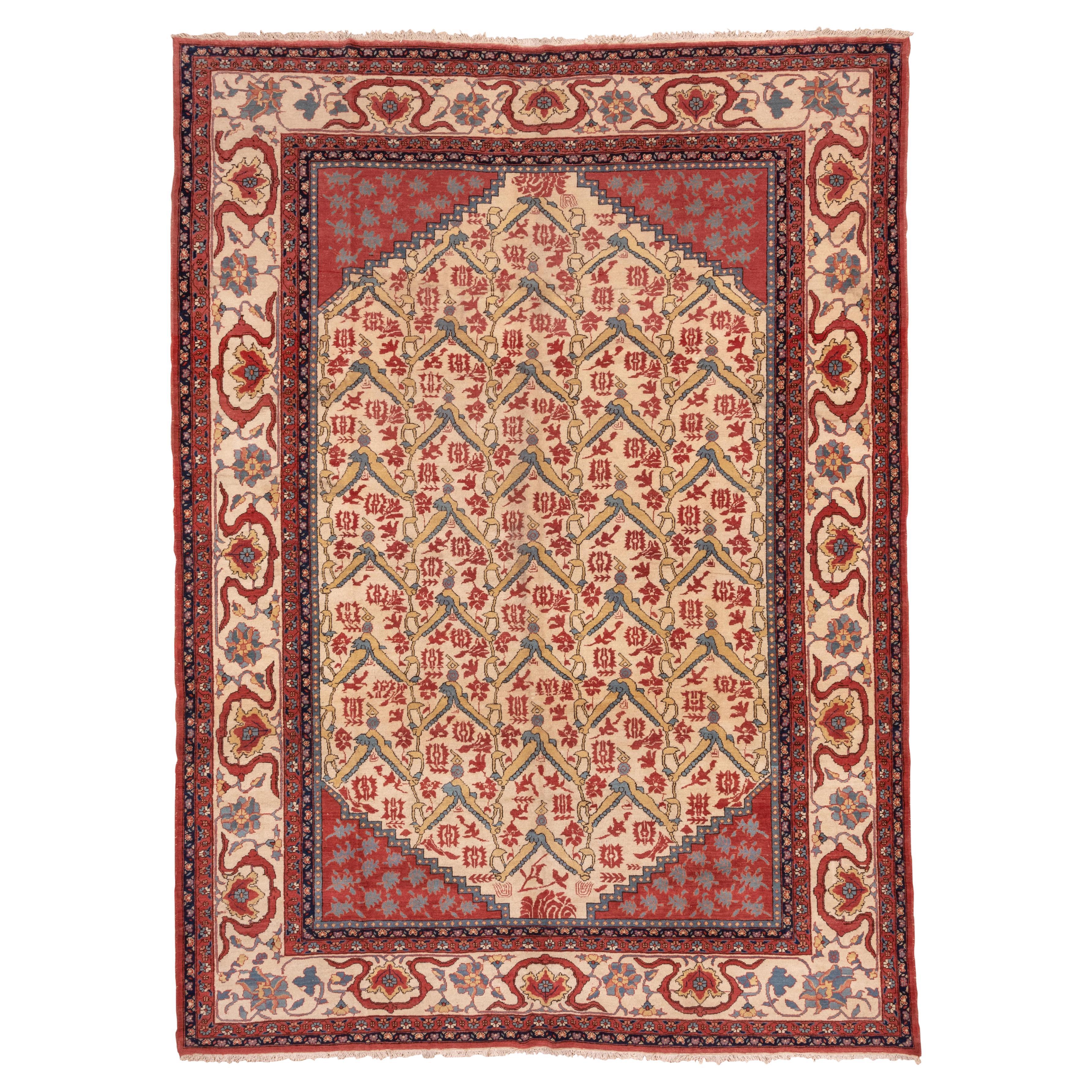 Vintage Serapi Rug Persian Bird Motif Lattice on Ivory Field