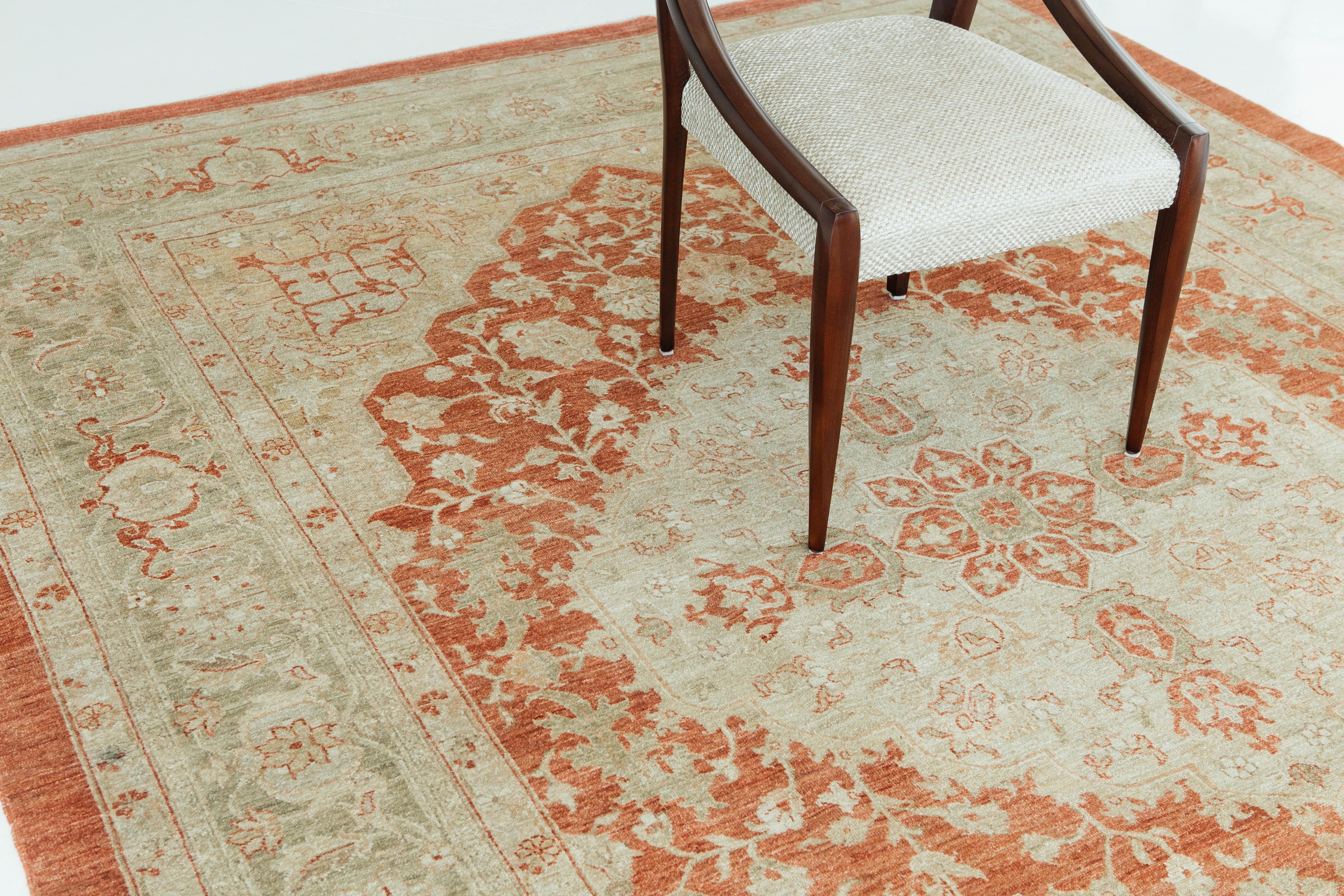 An exquisite vintage Serapi style recreation. This piece encompasses traditional Serapi motifs and weaves together beautiful tan and red-orange colors. Antique Serapis have historically been the favored rug of choice as seen in American state and