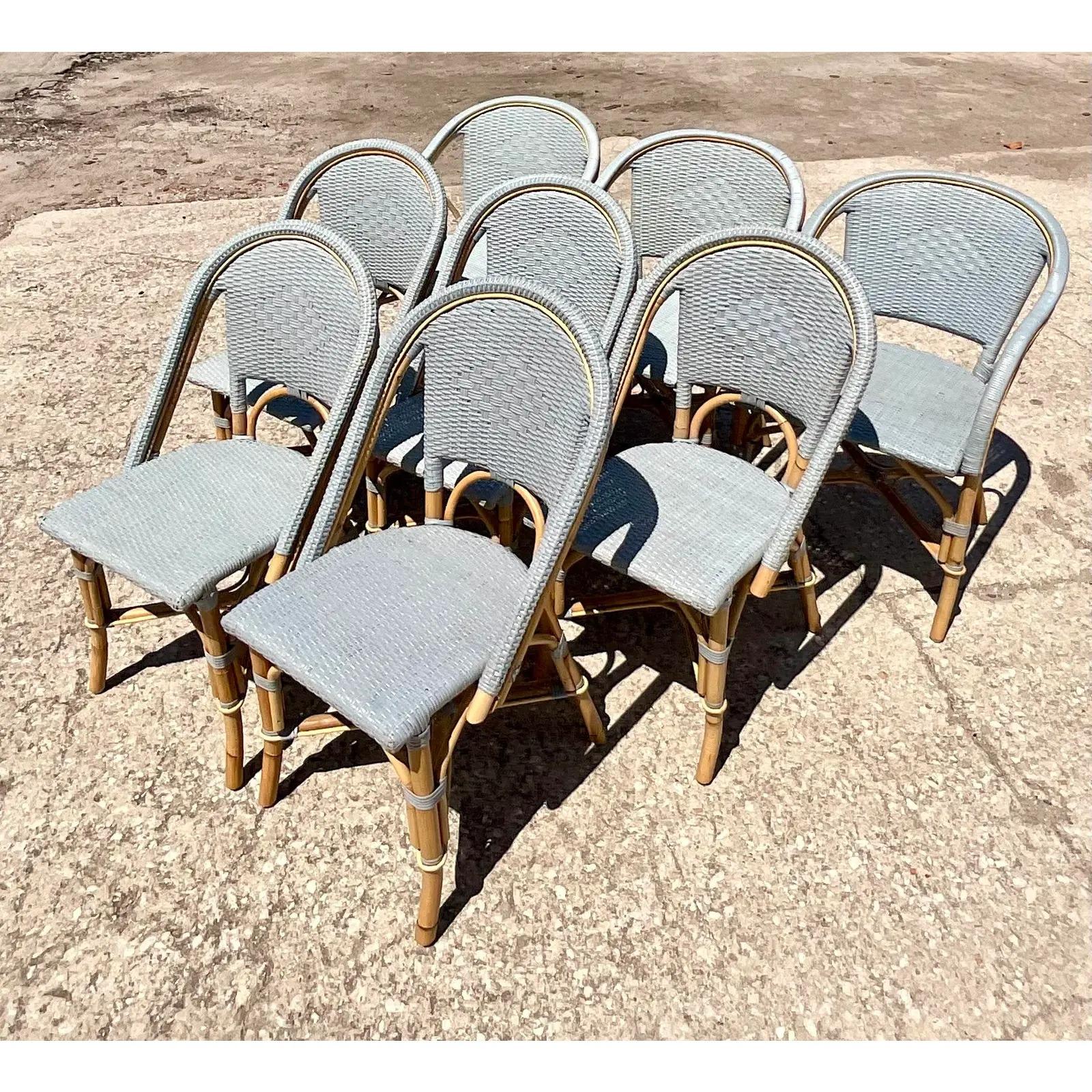 Vintage Serena and Lily Woven Rattan Riviera Dining Chairs, Set of 8 In Good Condition In west palm beach, FL