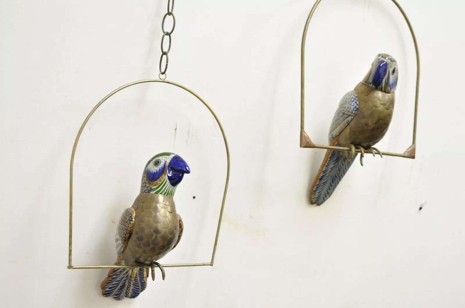 Vintage Sergio Bustamante Brass and Ceramic Perched Parrot Sculpture - a Pair 4