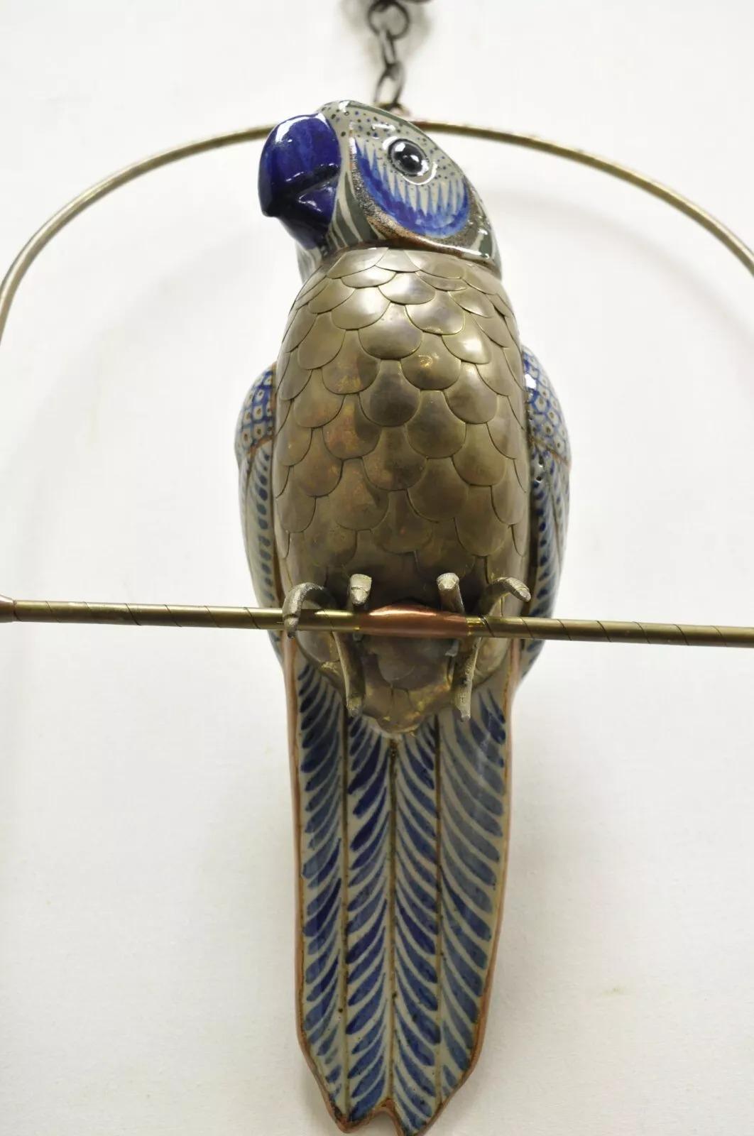 Vintage Sergio Bustamante Brass and Ceramic Perched Parrot Sculpture - a Pair 5
