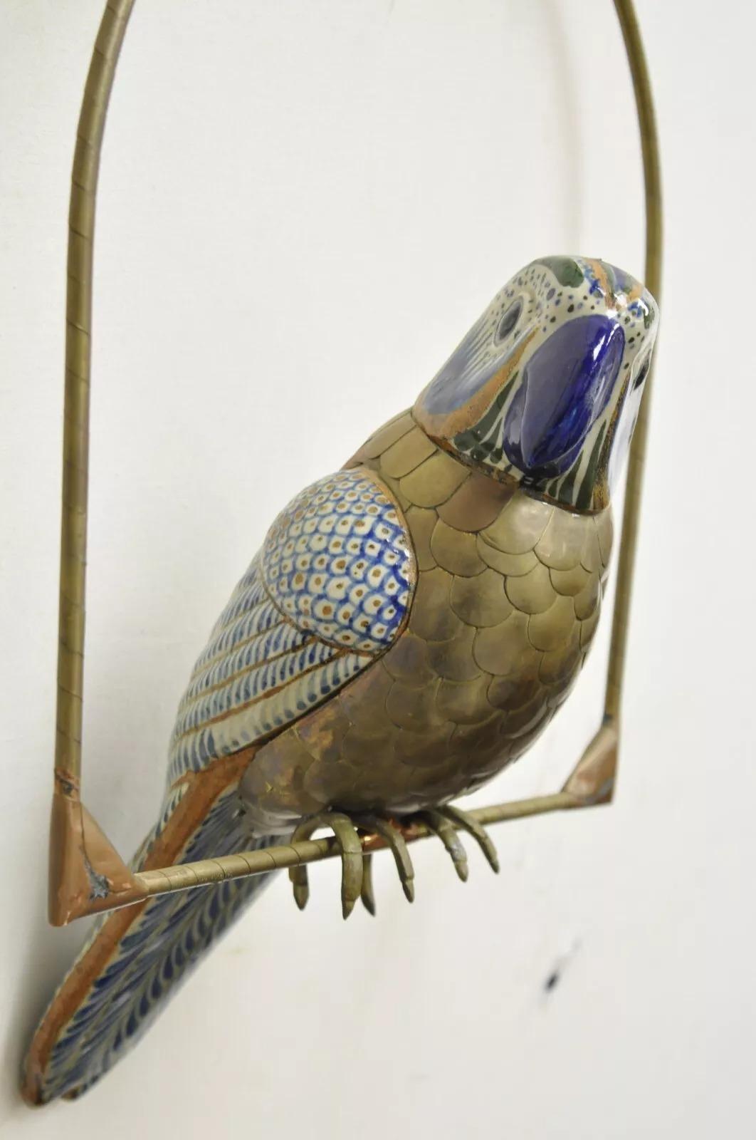 Vintage Sergio Bustamante Brass and Ceramic Perched Parrot Sculpture - a Pair 6