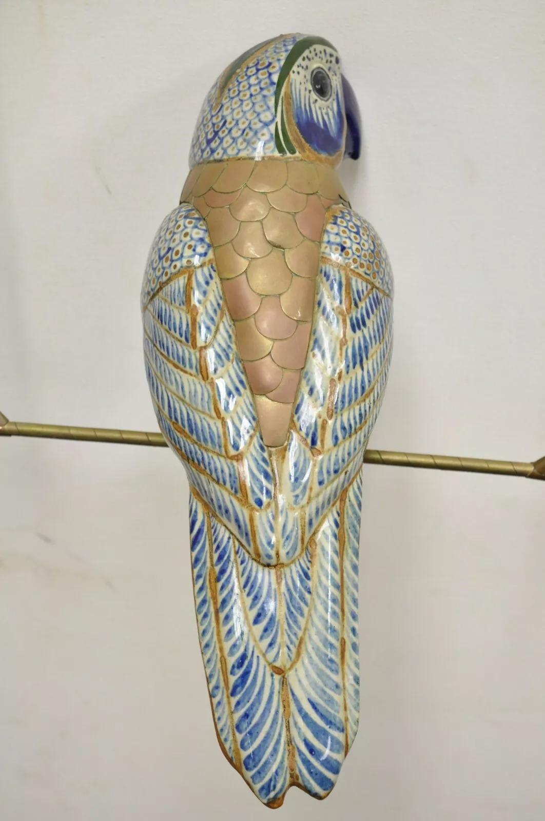 Other Vintage Sergio Bustamante Brass and Ceramic Perched Parrot Sculpture - a Pair