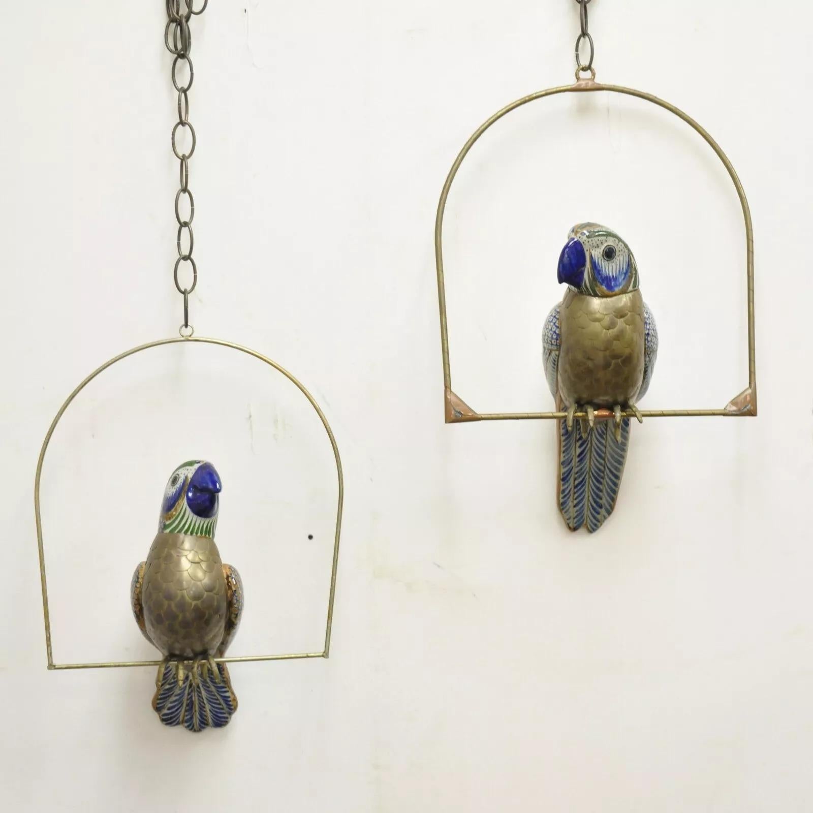 Unknown Vintage Sergio Bustamante Brass and Ceramic Perched Parrot Sculpture - a Pair