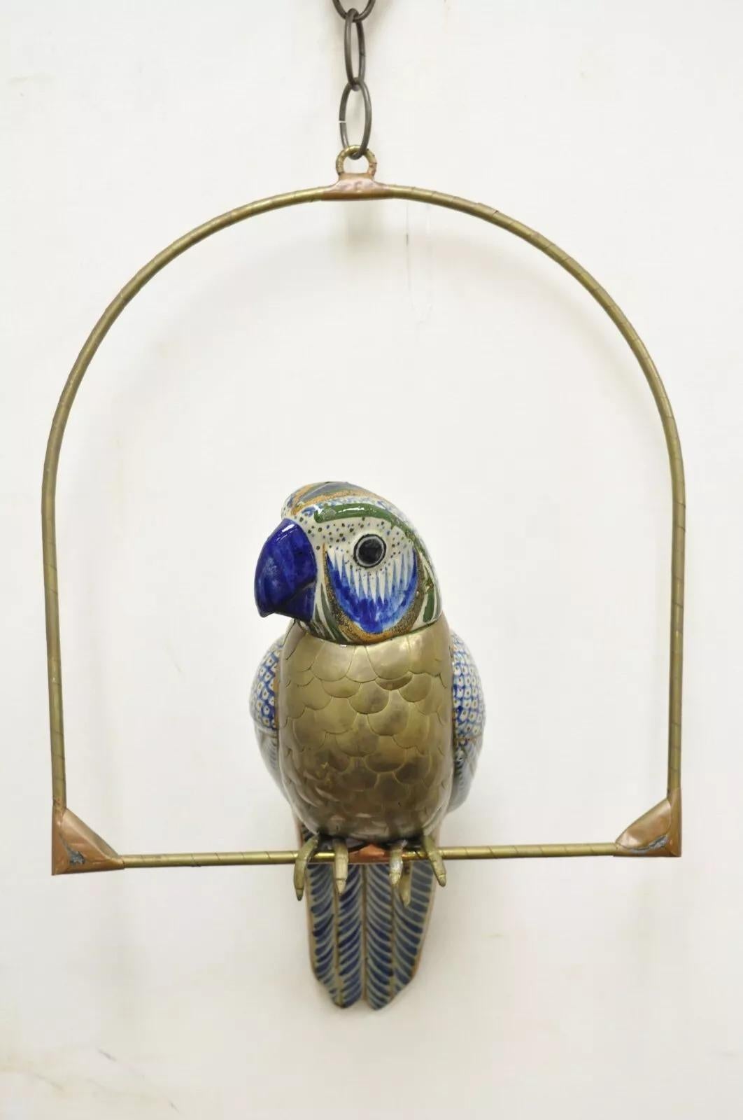 Vintage Sergio Bustamante Brass and Ceramic Perched Parrot Sculpture - a Pair In Good Condition In Philadelphia, PA