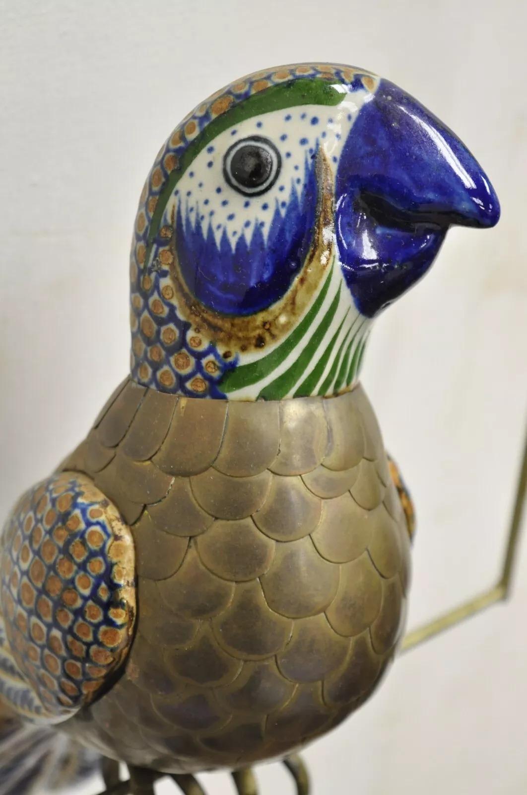 Vintage Sergio Bustamante Brass and Ceramic Perched Parrot Sculpture - a Pair 1