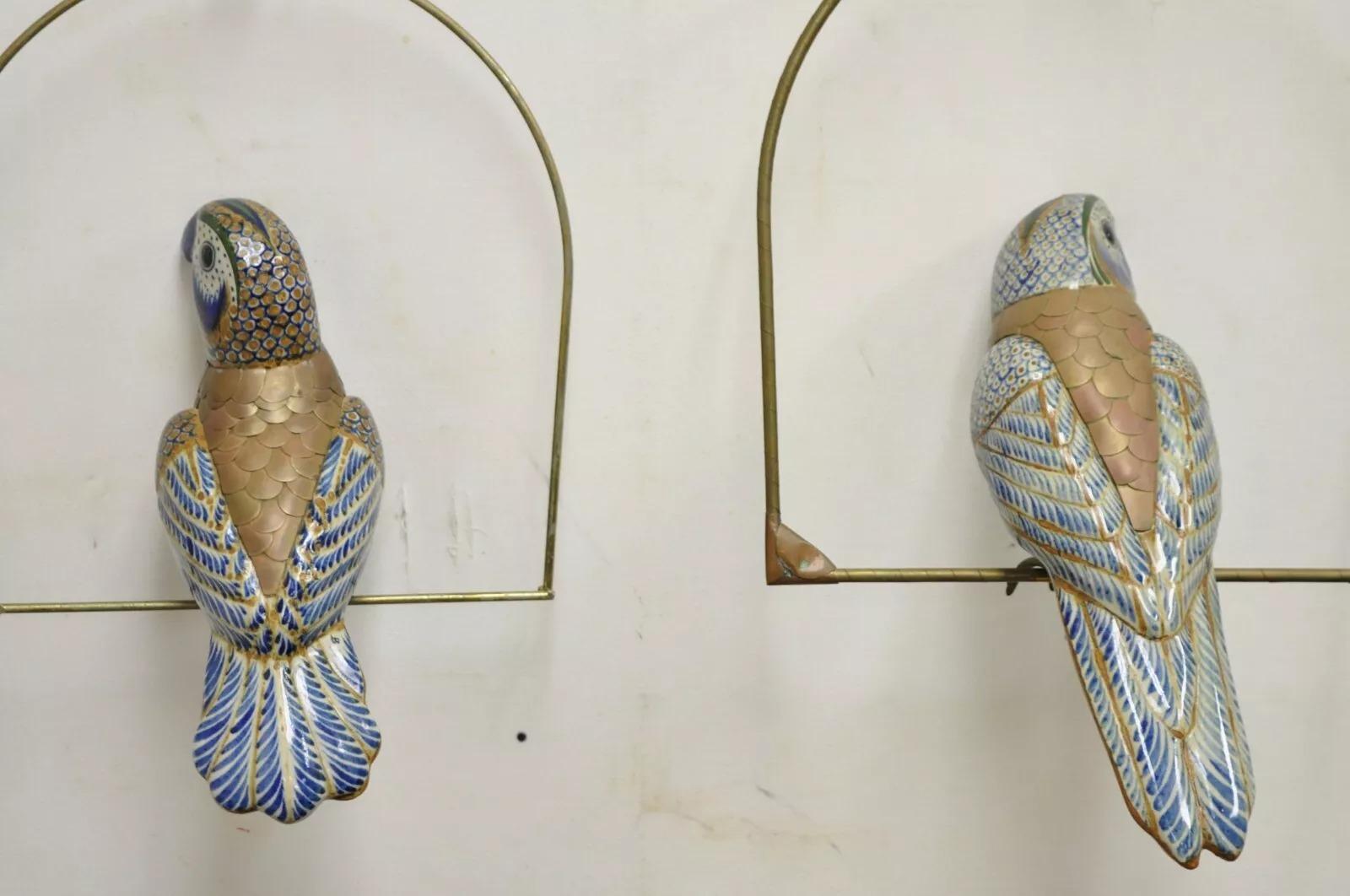 Vintage Sergio Bustamante Brass and Ceramic Perched Parrot Sculpture - a Pair 2