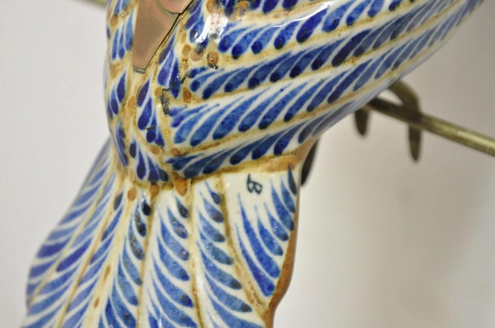 Vintage Sergio Bustamante Brass and Ceramic Perched Parrot Sculpture - a Pair 3