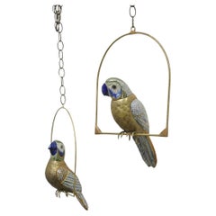 Vintage Sergio Bustamante Brass and Ceramic Perched Parrot Sculpture - a Pair