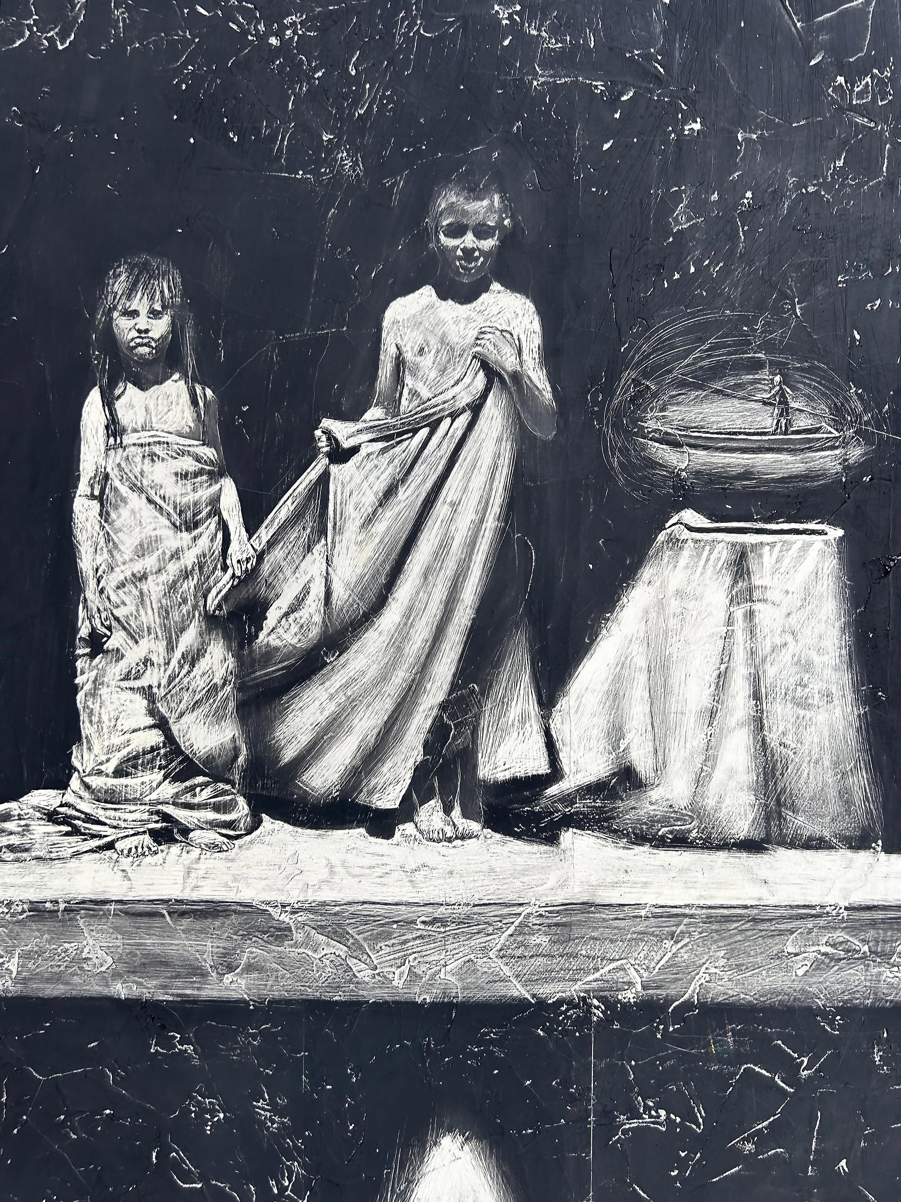 Figuratives Schwarz-Weiß-Gemälde von Sergio Daniel Blatto, Vintage

Zum Verkauf angeboten wird ein Original-Mixed-Media-Gemälde von der argentinischen Künstler Sergio Daniel (Argentinien b1962) . Das Gemälde verwendet gemischtes MATERIAL mit Farbe,