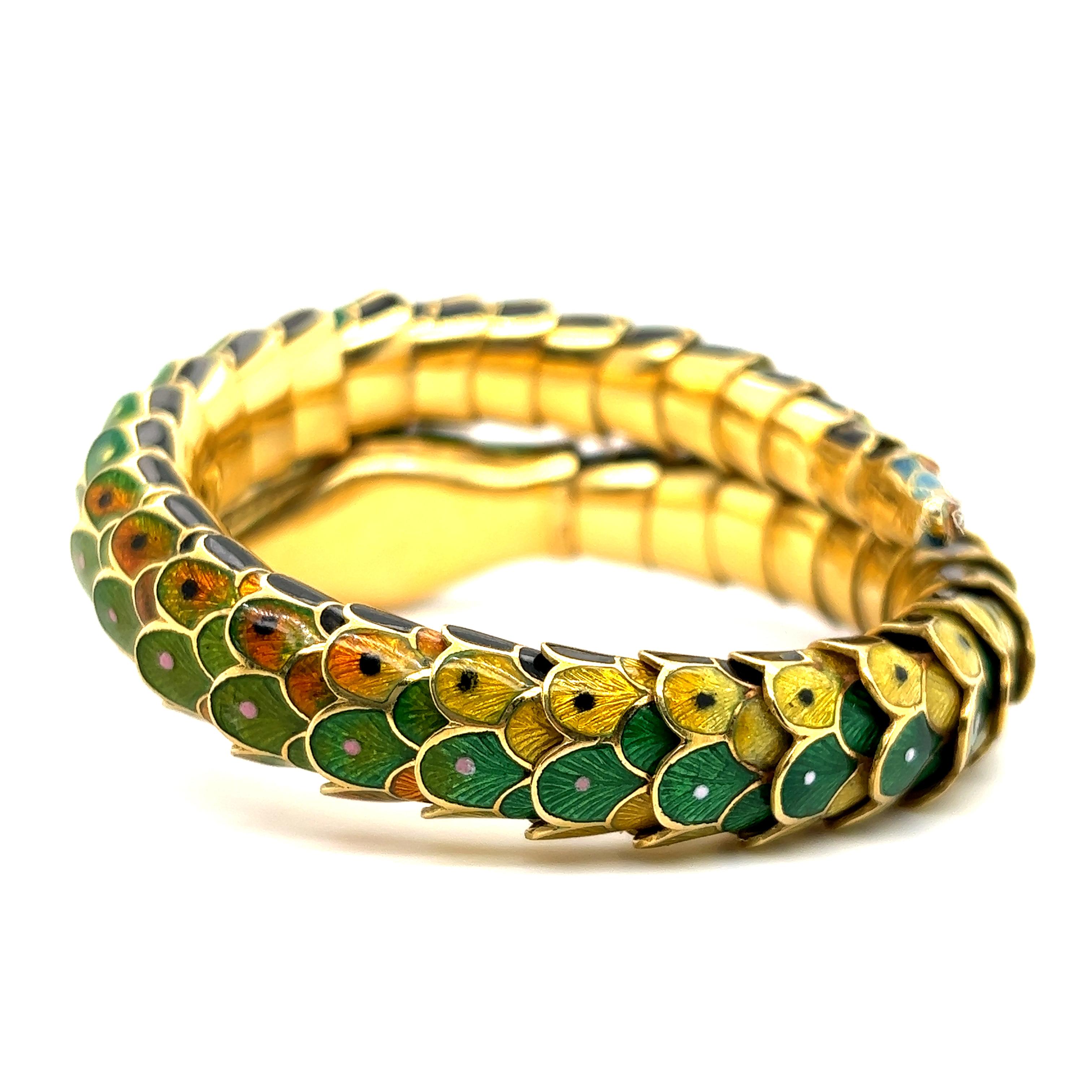 Vintage Serpent Enameled 18k Reticulated Cuff Bracelet  In Good Condition In MIAMI, FL