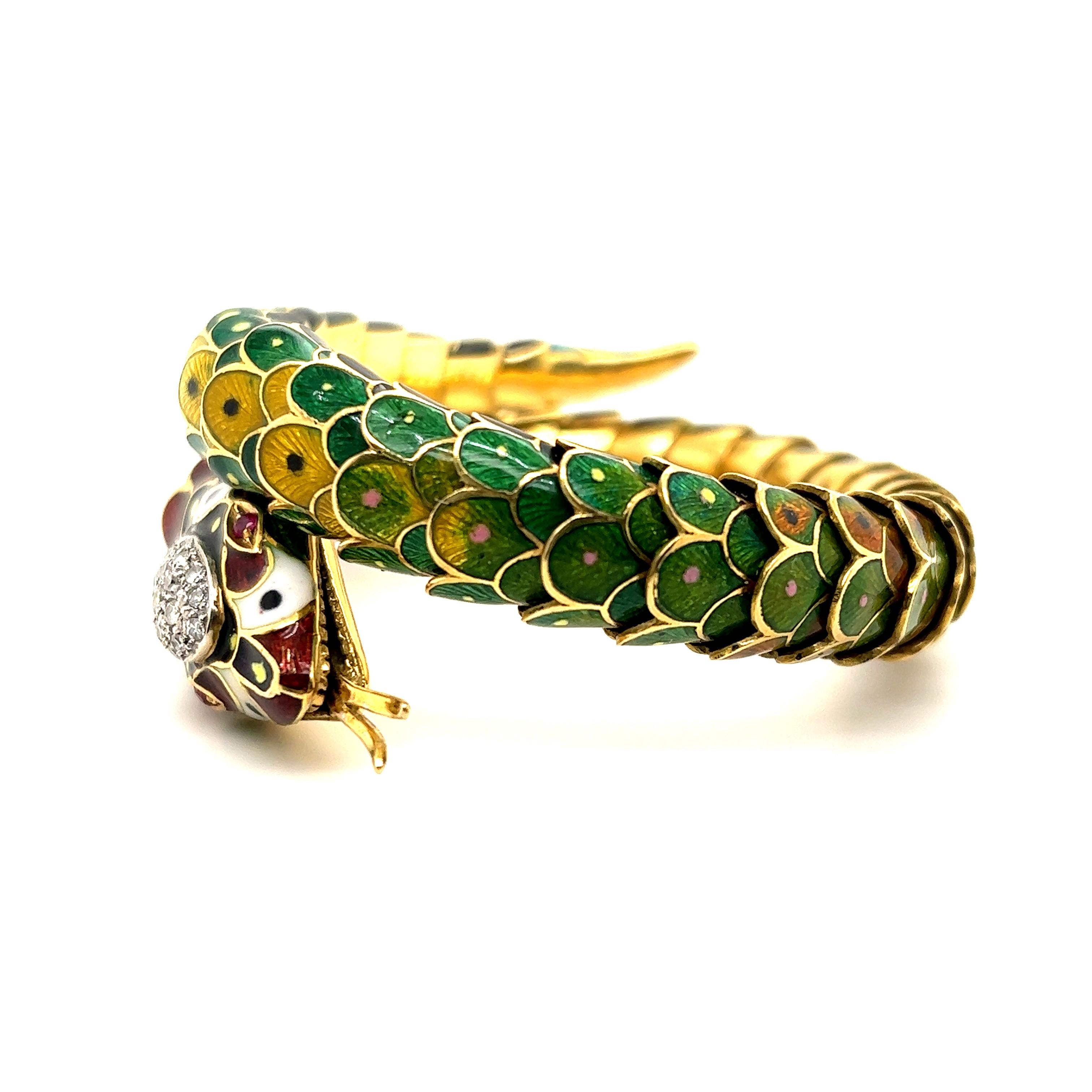 Women's or Men's Vintage Serpent Enameled 18k Reticulated Cuff Bracelet 