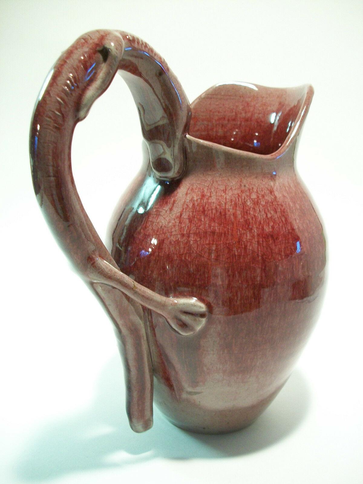 Mid-Century Modern Vintage Serpent Handled Studio Pottery Pitcher, Signed, Mid 20th Century For Sale