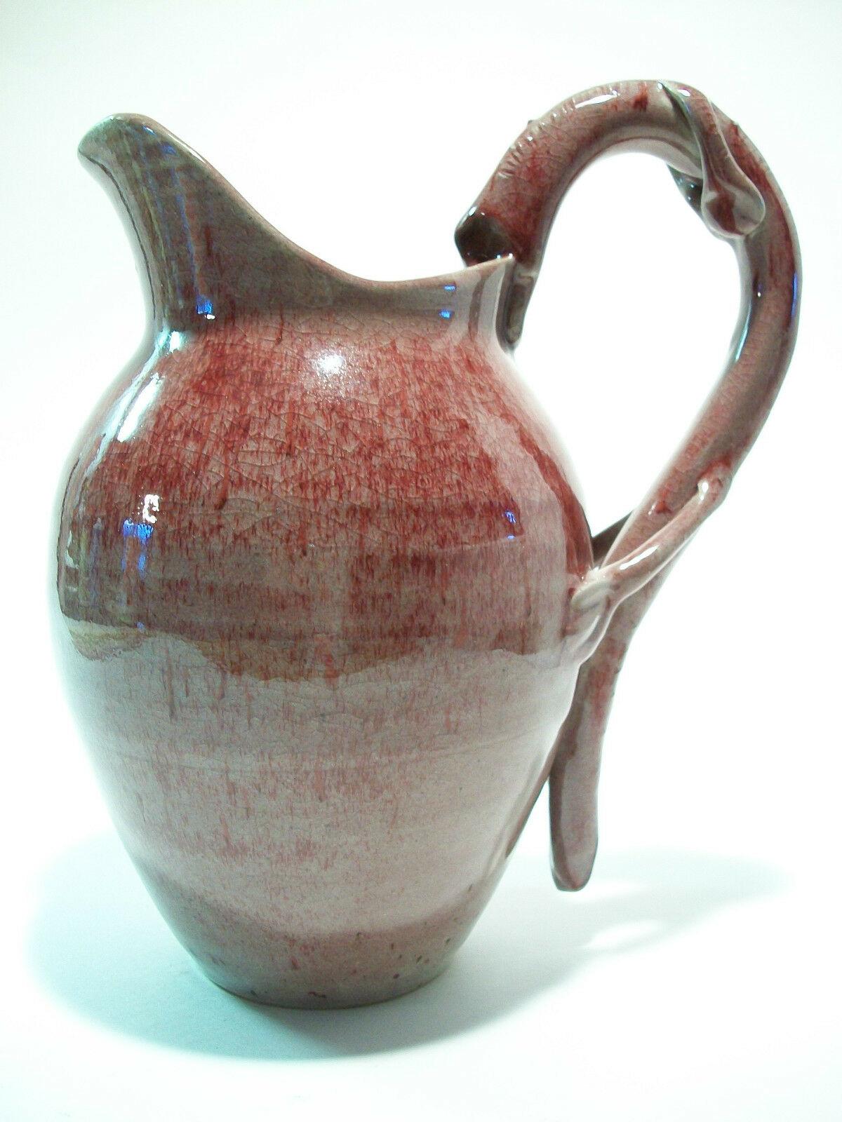 North American Vintage Serpent Handled Studio Pottery Pitcher, Signed, Mid 20th Century For Sale