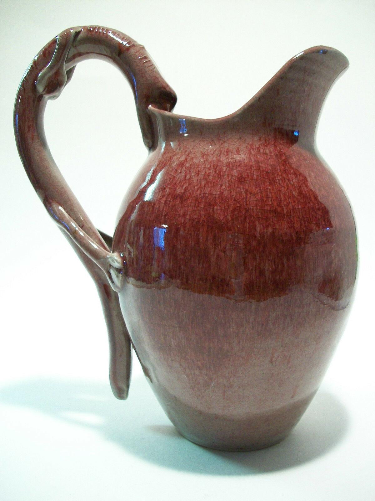 Vintage Serpent Handled Studio Pottery Pitcher, Signed, Mid 20th Century In Good Condition For Sale In Chatham, ON