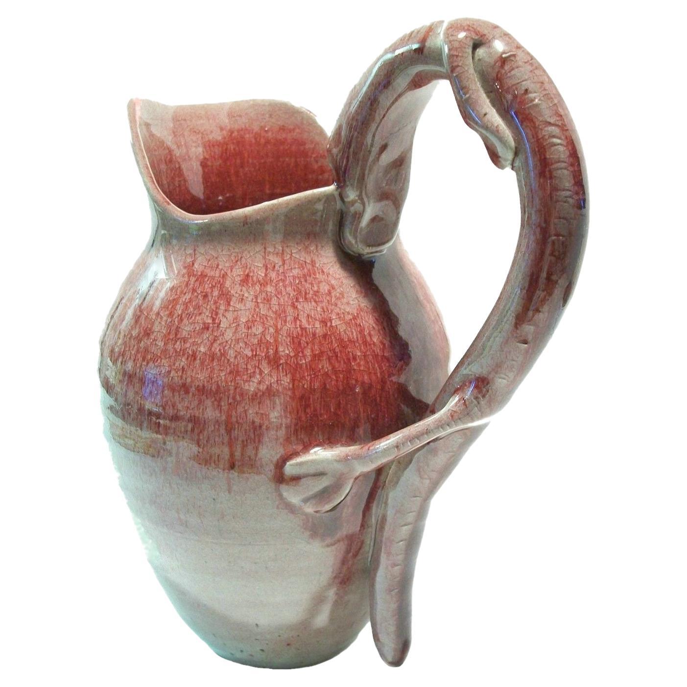 Vintage Serpent Handled Studio Pottery Pitcher, Signed, Mid 20th Century For Sale