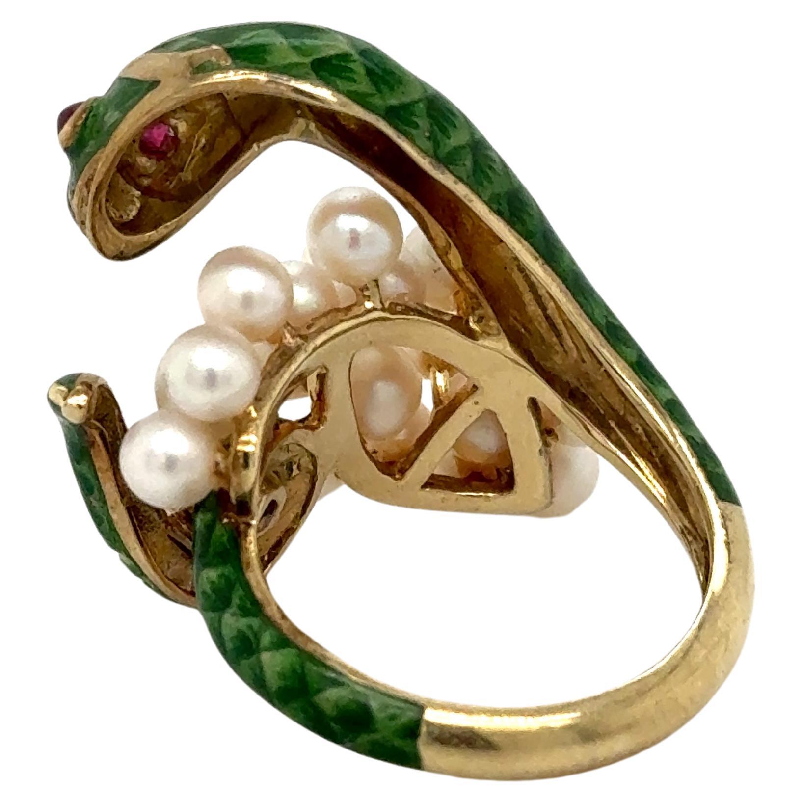 Anillo Vintage Serpiente Oro Amarillo 18k Diamantes Rubíes Perlas y Esmalte Verde Victoriano