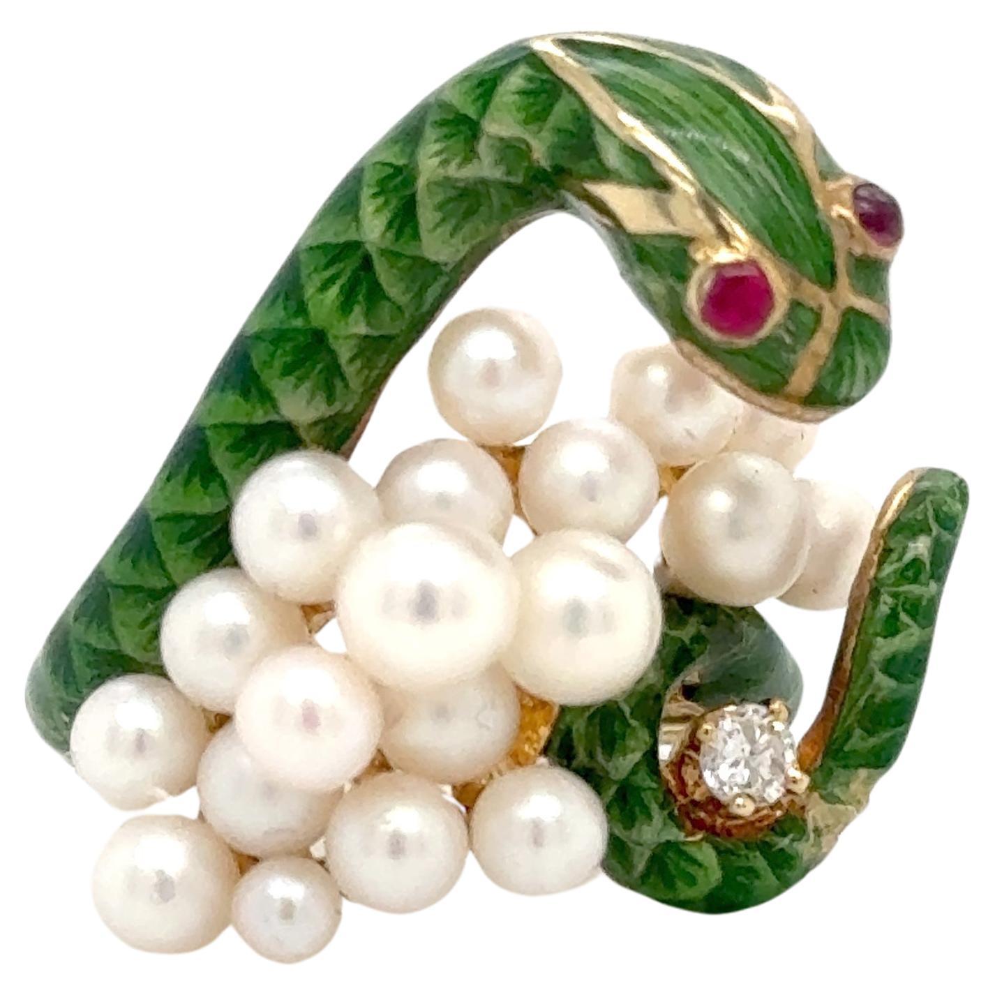 Anillo Vintage Serpiente Oro Amarillo 18k Diamantes Rubíes Perlas y Esmalte Verde
