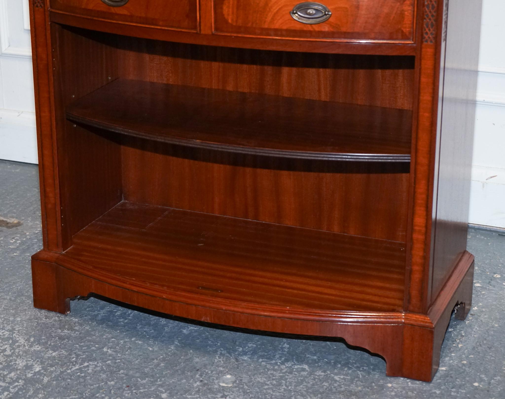 Hand-Crafted VINTAGE SERPENTINE BOW FRONT DWARF OPEN BOOKCASE WiTH TWO DRAWERS BY WADE For Sale