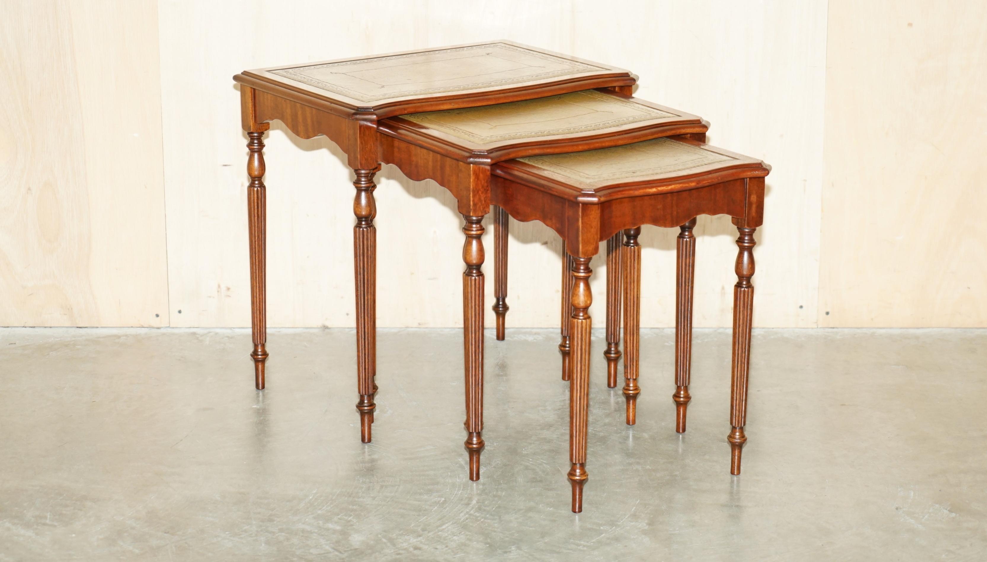 Royal House Antiques

Royal House Antiques is delighted to offer for sale this  lovely vintage nest of three hand made in England tables each with a Serpentine front and embossed green leather top 

Please note the delivery fee listed is just a