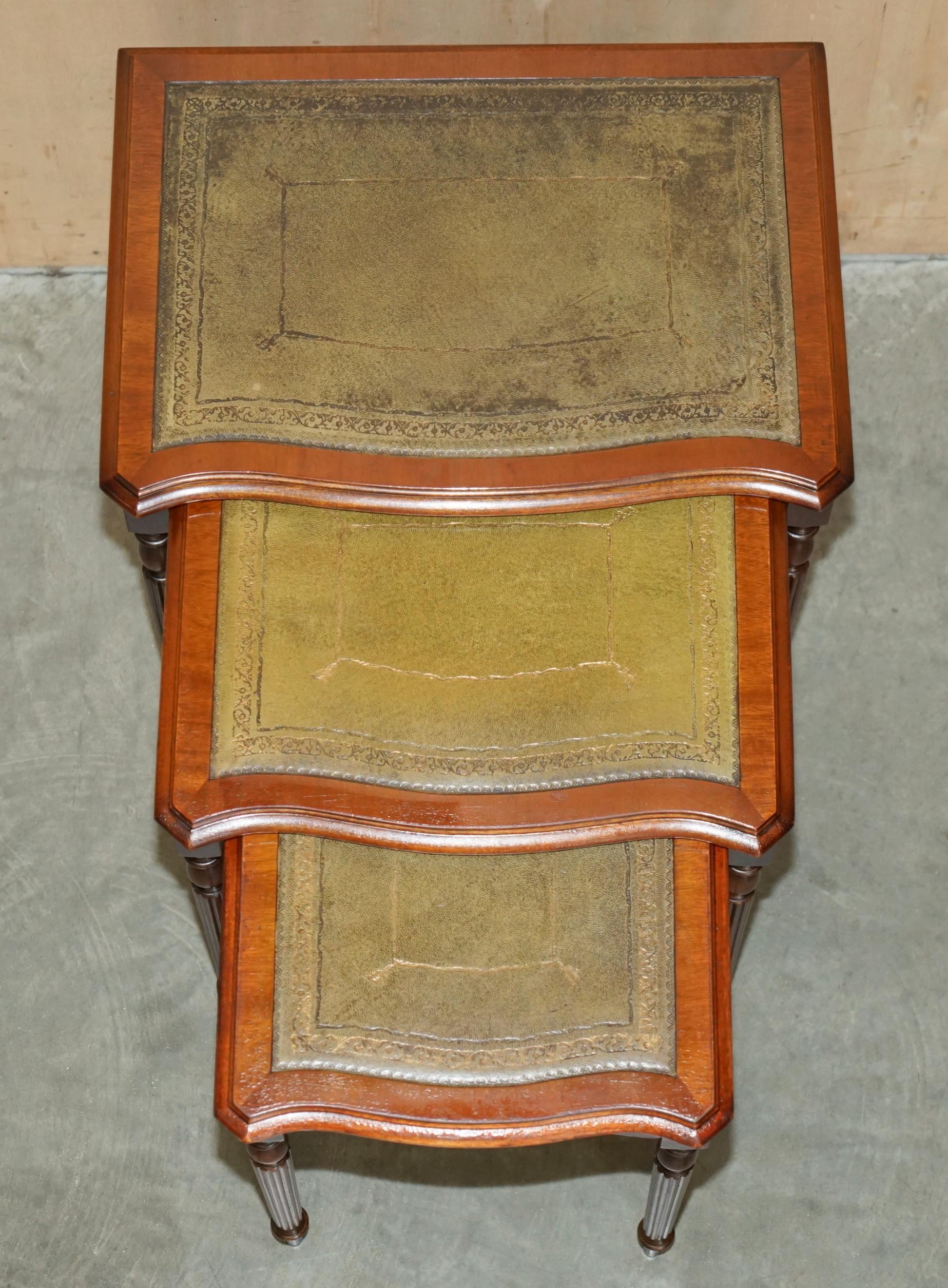 Victorian ViNTAGE SERPENTINE FRONTED GREEN LEATHER & HARDWOOD NEST OF THREE TABLES For Sale